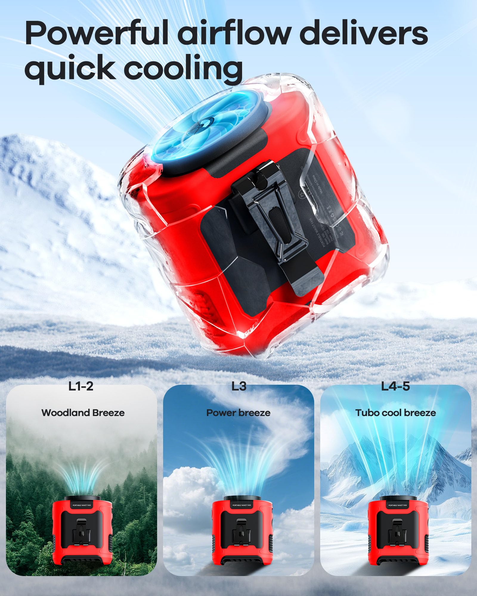 morsisho 1 Pack Red Portable Waist Fan and 1 Pack Black Tactical Nylon Belt