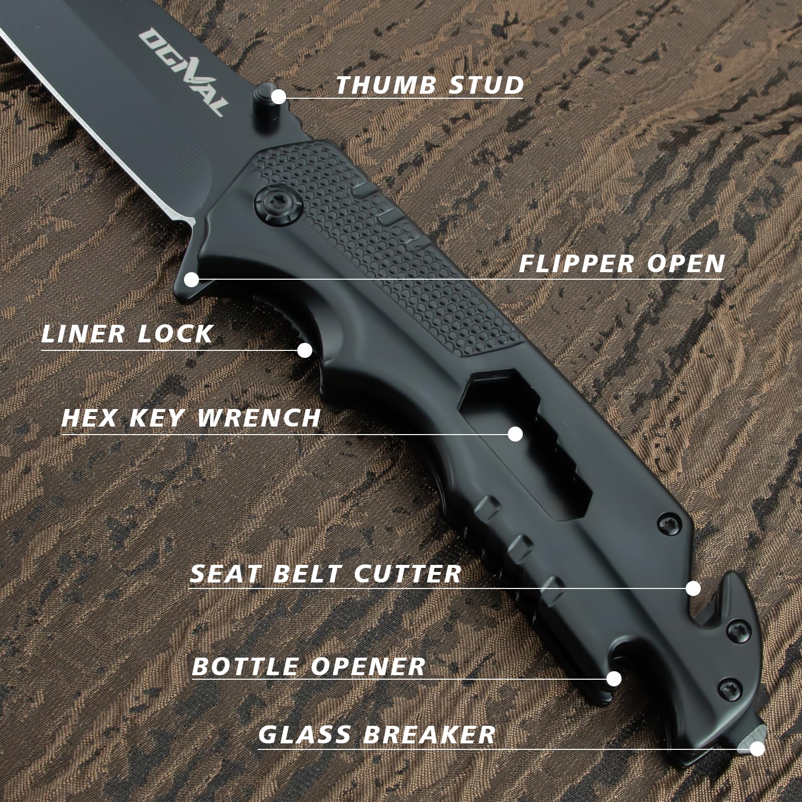 OGIVAL Pocket Knife,4inch Folding Knife with Nylon Sheath and Pocket Clip, Bottle Opener, Glass Breaker, Seatbelt Cutter and Wrench, Black