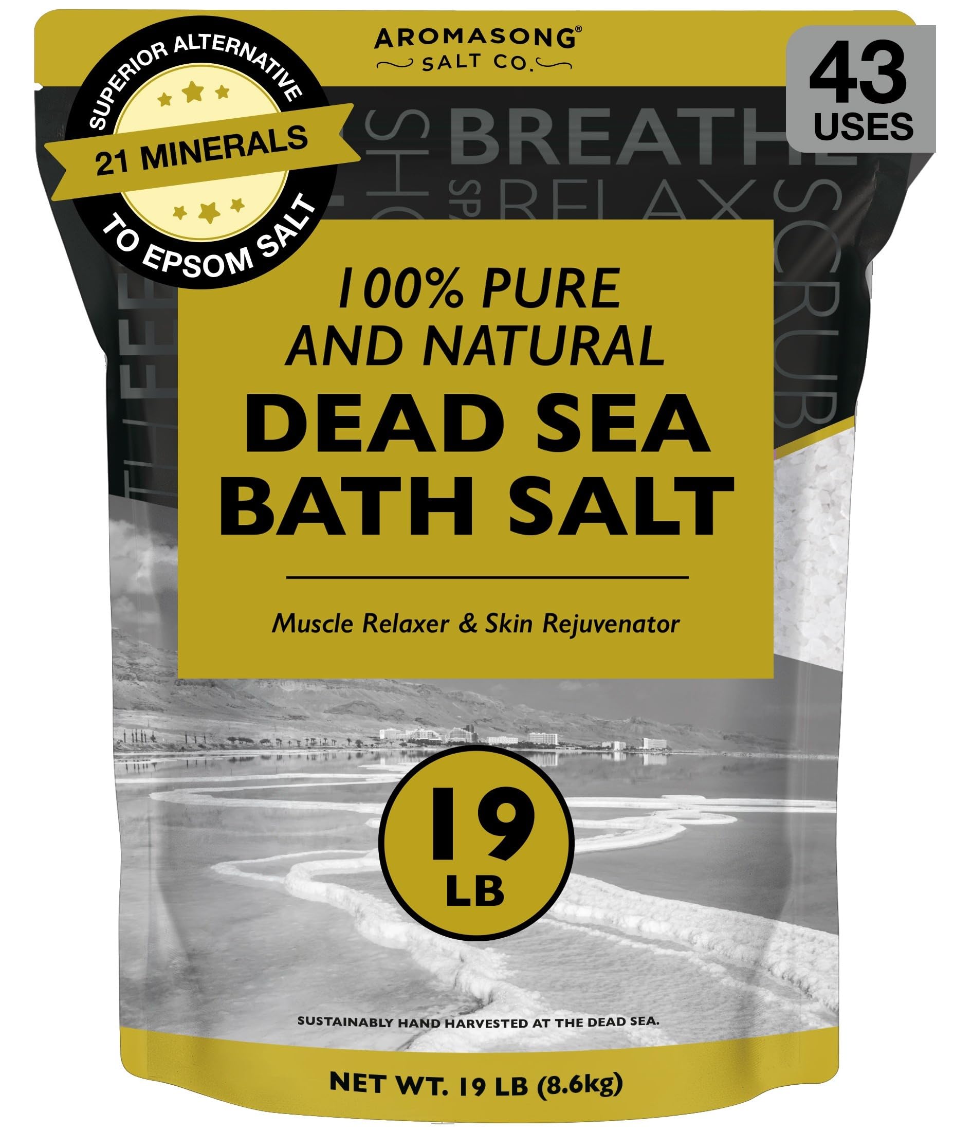 Aromasong Dead Sea Salt, Fine Grain Bath Salt Soak, 19 Lbs (5 x 19 lb. Bags) Bulk resealable Pack.