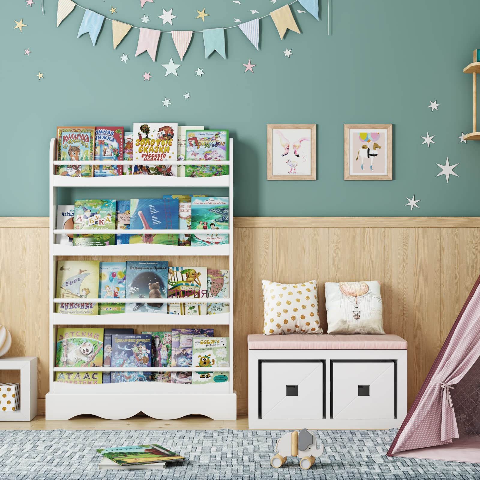 FOTOSOK Kids Bookshelf, 4-Tier Book Shelf Organizer for Toys and Books, Toy Storage Bookshelf in Bedroom, Living Room and Nursery, White