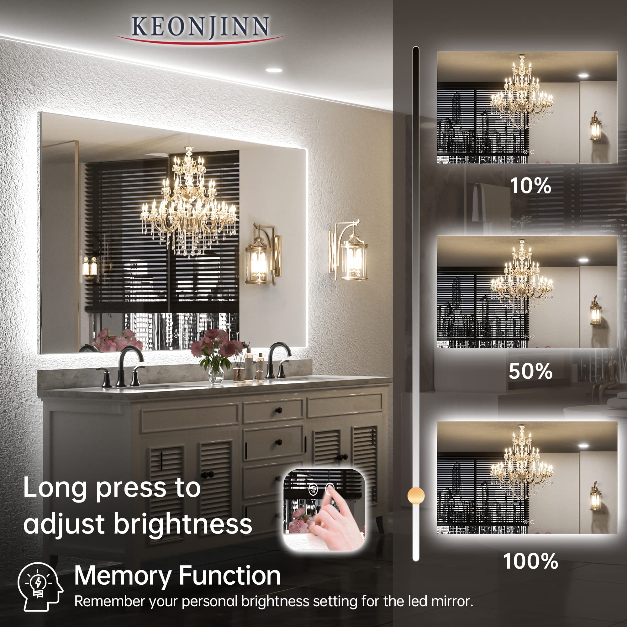 Keonjinn 55 x 36 Inch LED Bathroom Mirror with Lights Backlit Vanity Mirror Large Dimmable Wall Mounted Lighted Bathroom Mirror Anti-Fog Makeup Mirror with Memory Function(Horizontal/Vertical)