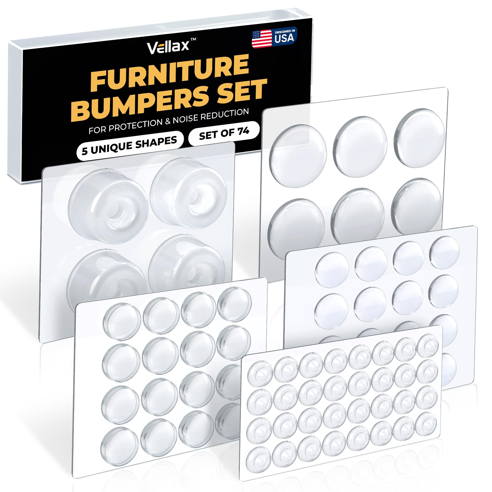 74 Clear Silicone Bumpers & Wall Protectors – 5‑Shape Self‑Adhesive Pads for Cabinets, Doors, Drawers & Furniture – Noise Dampening & Surface Protection by Vellax