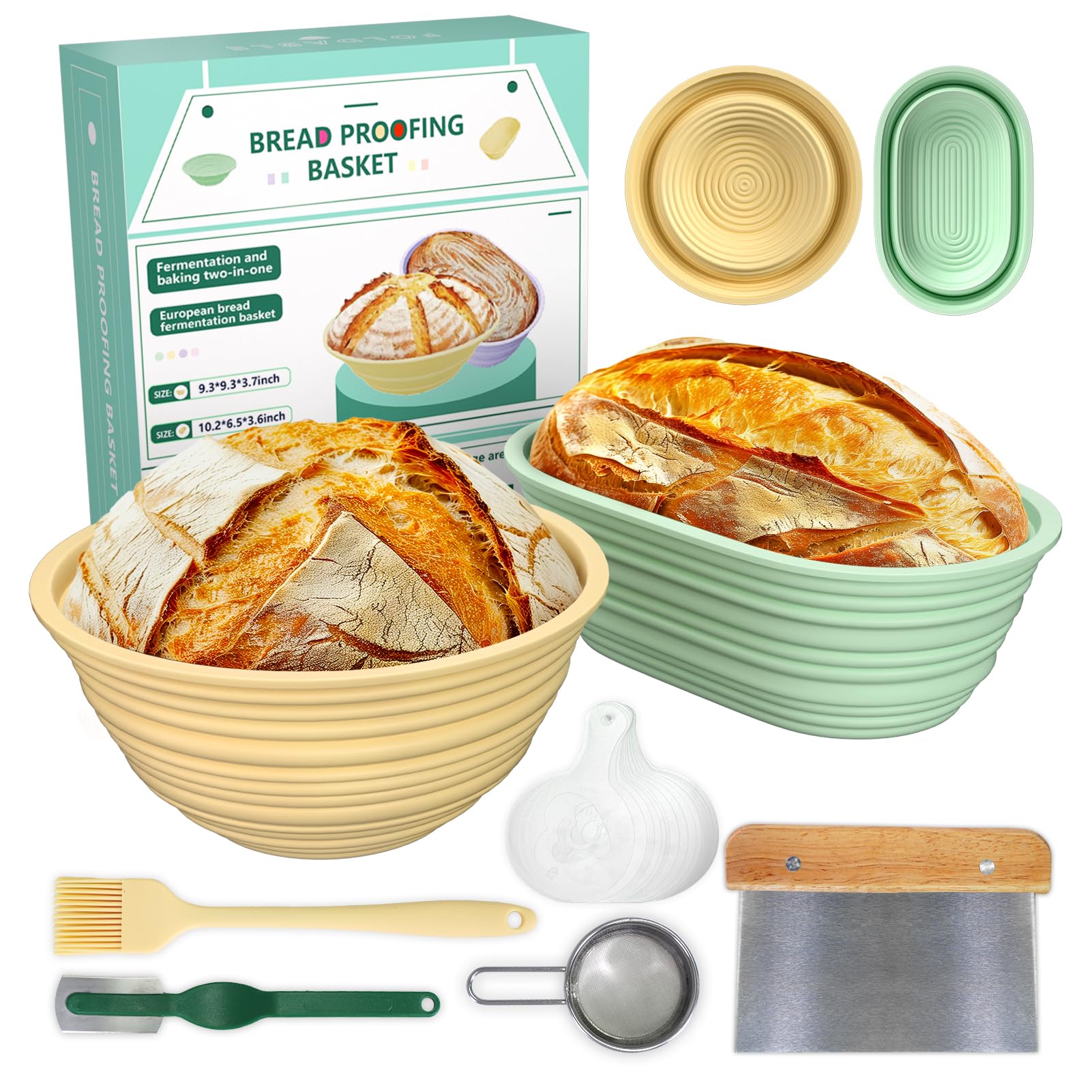 Silicone Banneton Bread Proofing Baskets,10 Inch Round & 10 Inch Oval Foldable Sourdough Baking Basket,Durable Complete Sourdough Bread Baking Supplies,Easy to Clean and Storage