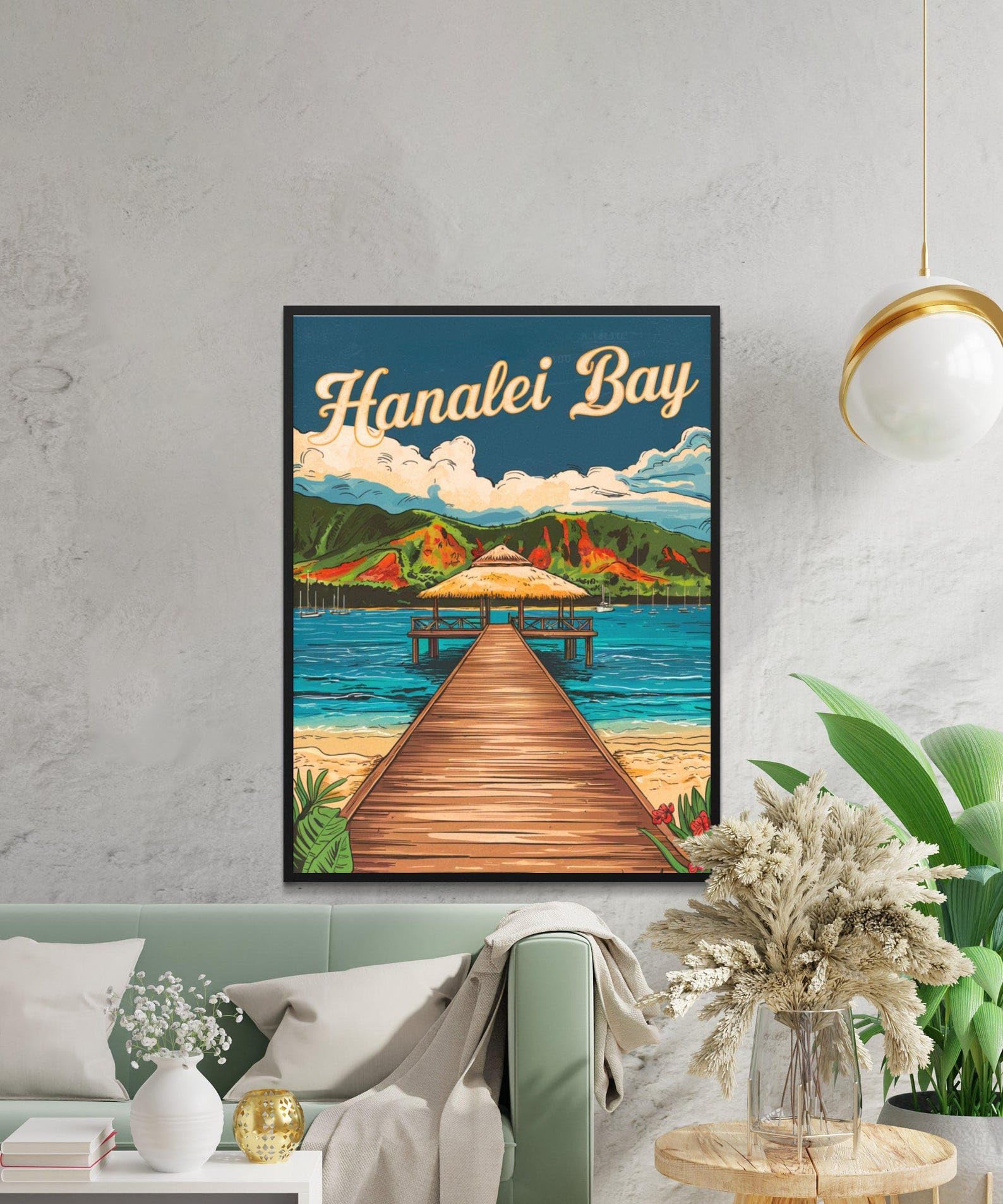 Hanalei Bay Vintage Travel Poster Hanalei Bay Print Hawaii Wall Art Framed Gift United States Present
