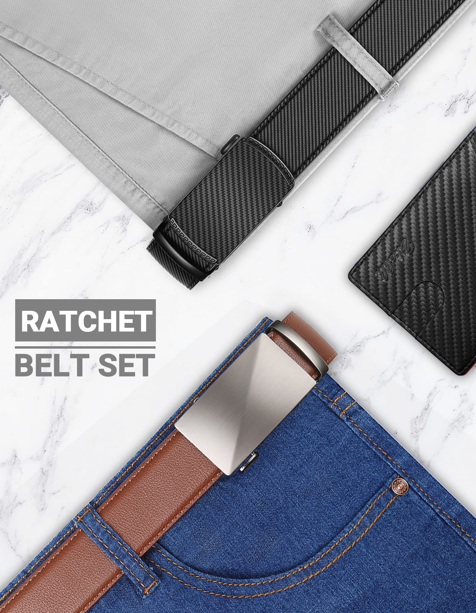 Zitahli Ratchet Belt for Men - 2 Packs Leather Mens belt For Gift Men Dress and Casual,Trim to Fit Size 34"-48"