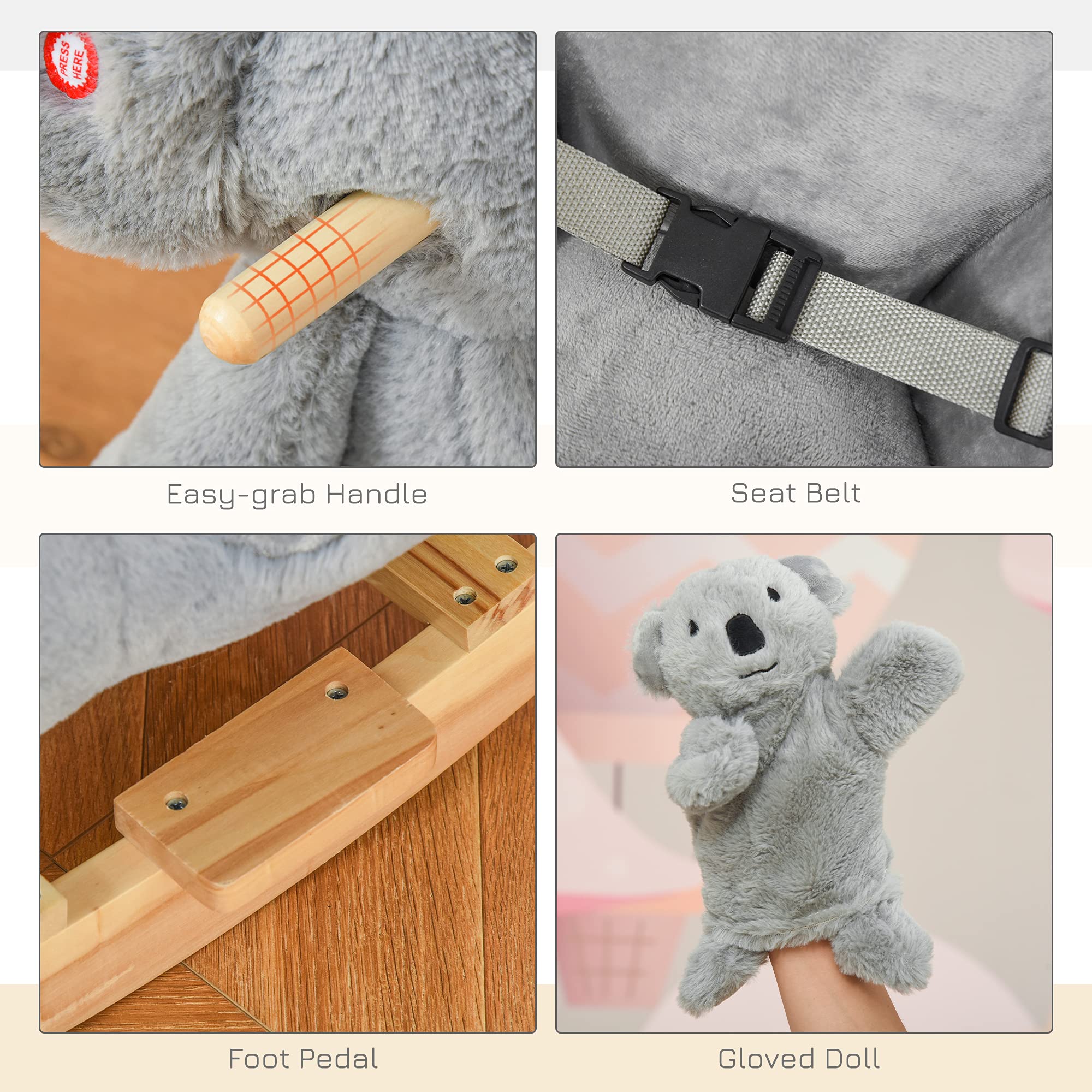 Qaba Kids Ride-On Rocking Horse, Koala-Shaped Rocker with Realistic Sounds for Children 18-36 Months, Gray