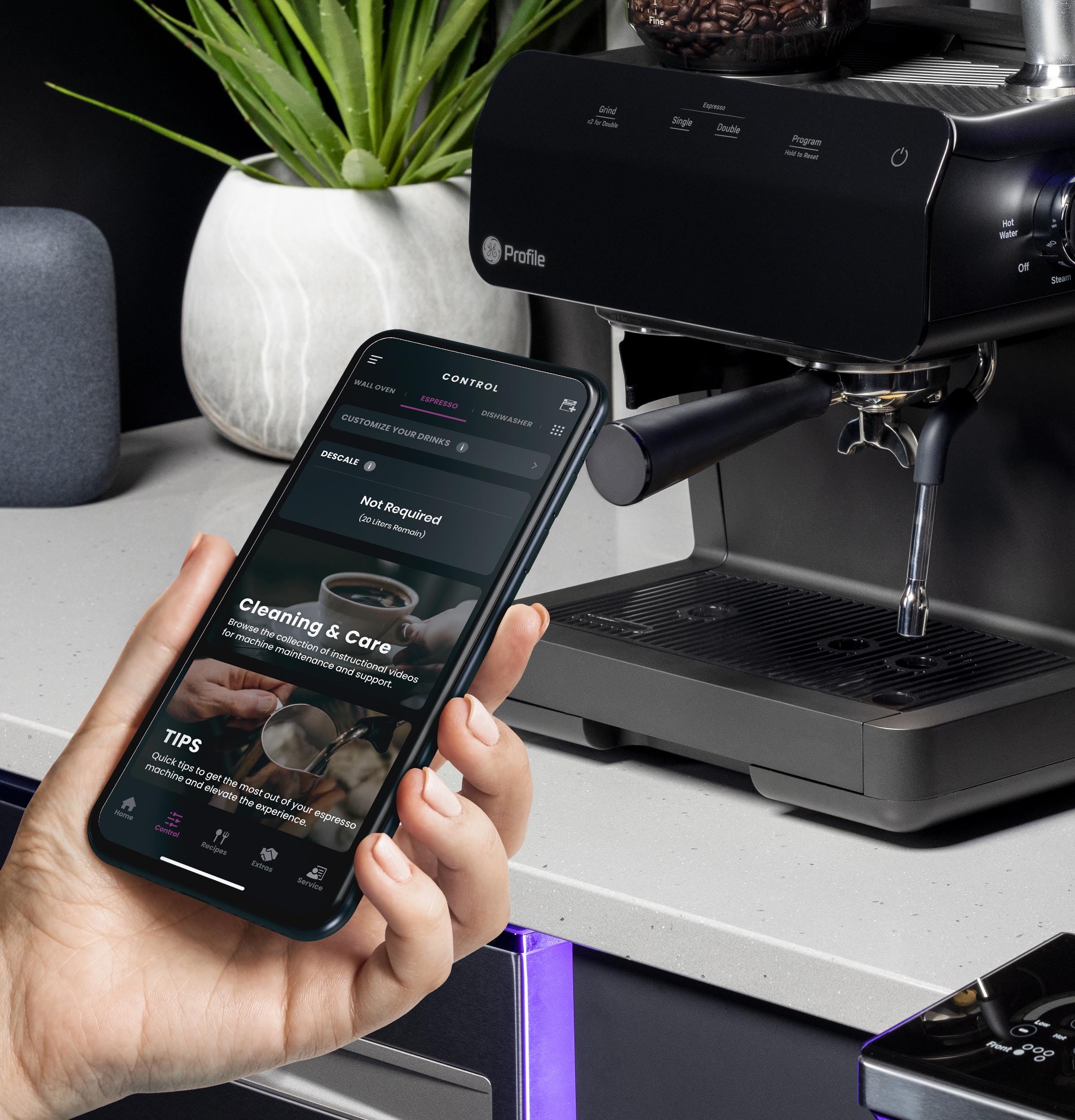 Profile GE Semi Automatic Espresso Machine + Steam Frother | Italian-Made 15 Bar Pump for Balanced Extraction | 15 Adjustable Grind Size Levels | WiFi Connected for Drink Customization | Black