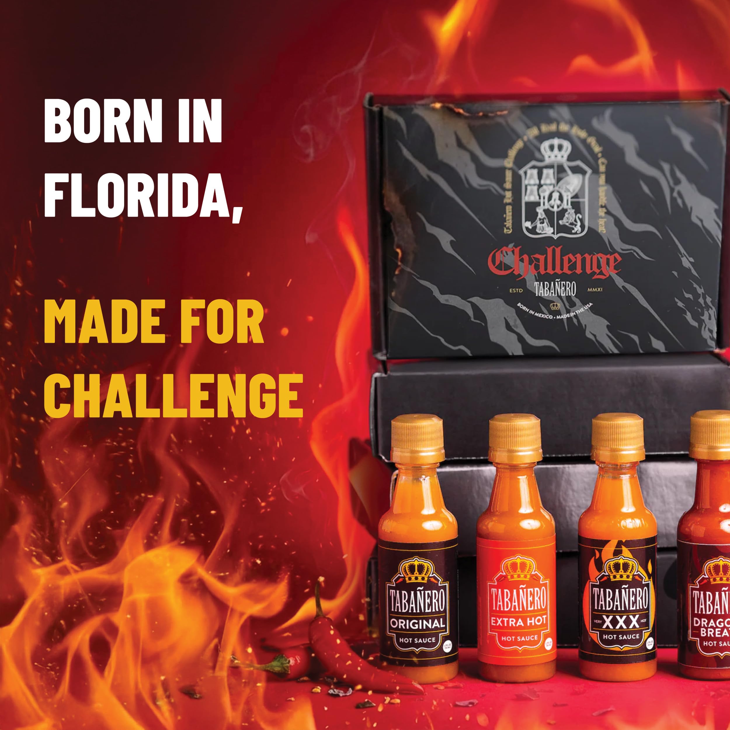 Tabañero Challenge Box, Hot Sauce Gift Set, 4 Pack, Original, Extra, XXX Hot and Dragon's Breath, 1.7 oz Mini Glass Bottles, Gluten Free, All Natural, Low Sodium, Vegan, Kosher, Made in the USA, Easter Gifts for Men