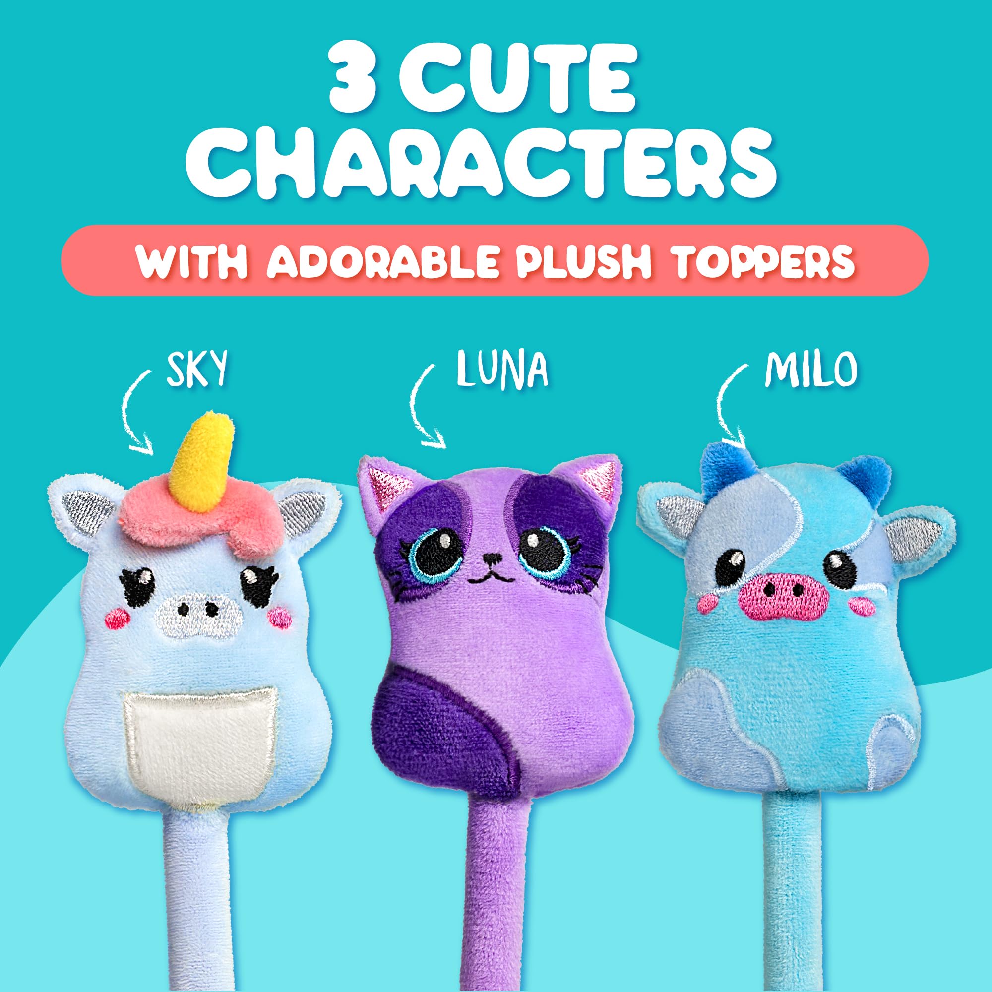 BUNMO Stocking Stuffers for Kids - 3 Pack Cute Pens - 6 Scented & Glittery Refills - Plush Fun Pens for Kids - Stuffed Cute Animals for Girls Kawaii Stationery - Stocking Stuffers for Girls