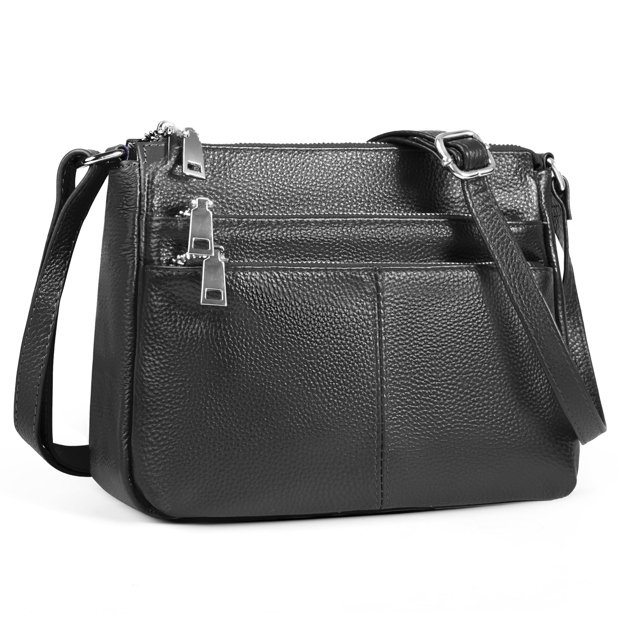 befen Genuine Leather Black Small Crossbody Purses Bags for Women, Woman Pocketbooks Shoulder Bag Satchel Purse with Multi Zipper Pockets