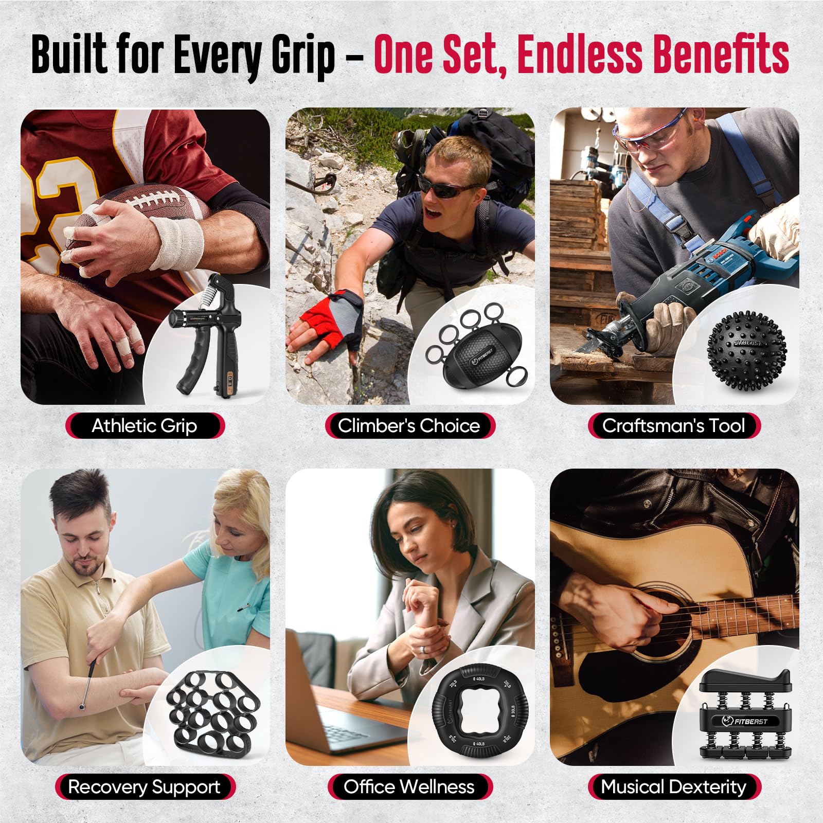FitBeast Grip Strength Trainer, Hand Gripper Strengthener Kit - 6 Pack with Adjustable Resistance Forearm Strengthener, Forearm Exerciser and Massage Balls for Hand Therapy, Grip Training and Recovery