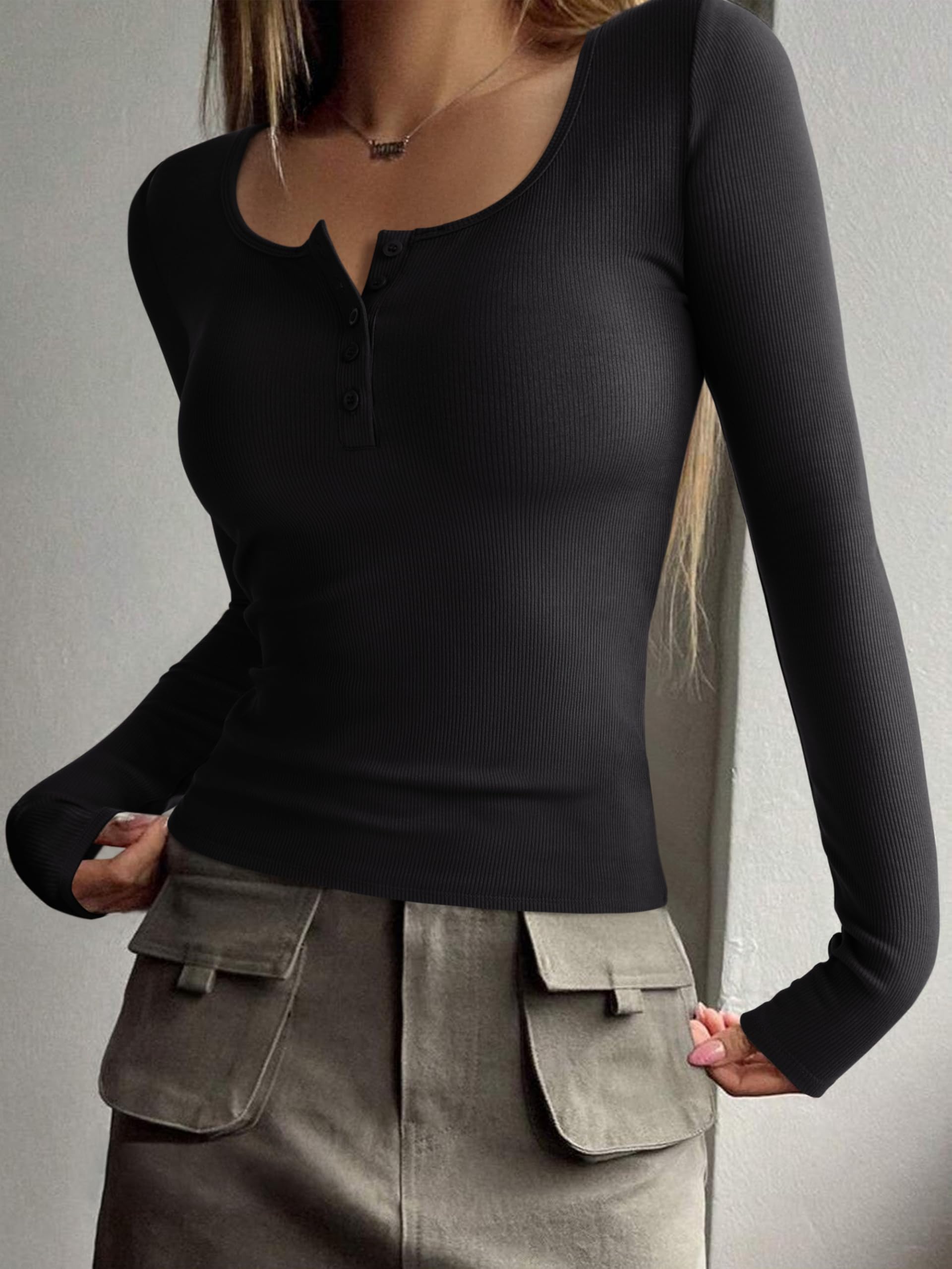 REORIA Women's 2025 Fall Long Sleeve Henley T Shirts Button Ribbed Knit Slim Fit Casual Basic Tops Blouse Black Medium