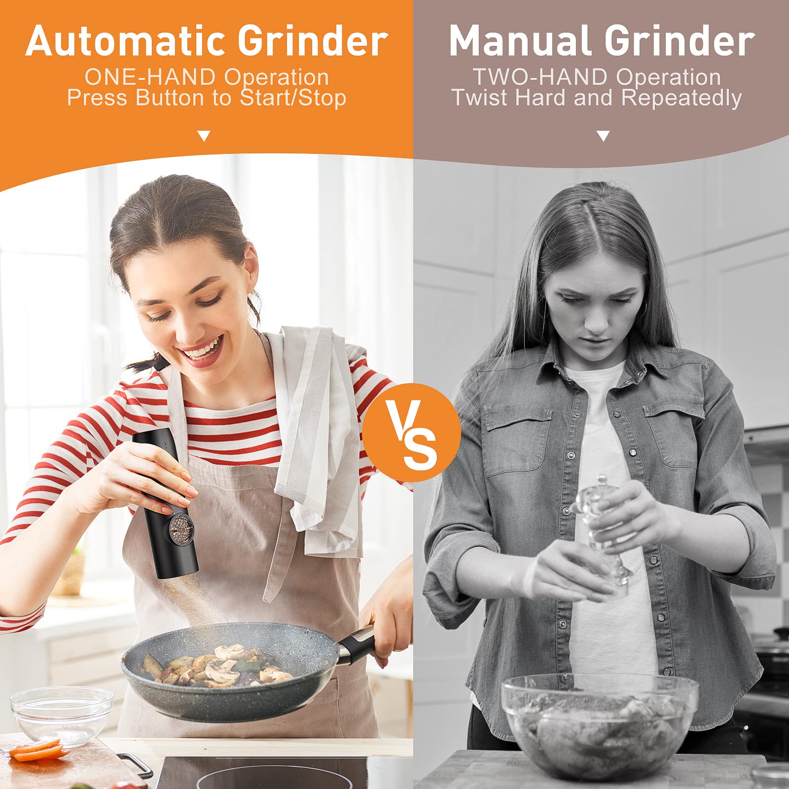 Electric Salt and Pepper Grinder Set, USB Rechargeable Kitchen Gadgets-Automatic Salt and Pepper Mill with Adjustable Coarseness, One-Hand Operation Built-in LED Light, Type-C Charging - 2 Pack