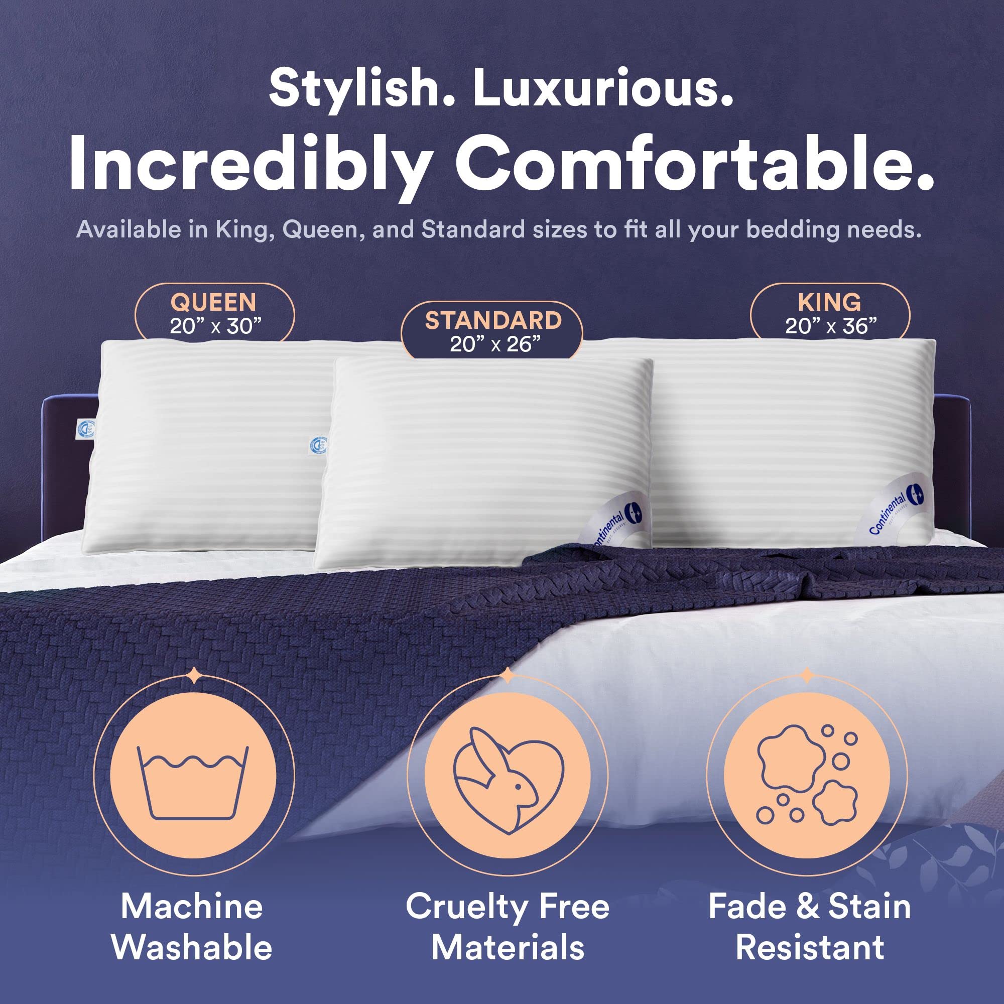 Continental Bedding | Serenity Goose Down Pillow | 700 Fill Power Hungarian White Down | 400TC Cotton Damask Shell | Made in USA | Firm, Queen (Pack of 1)