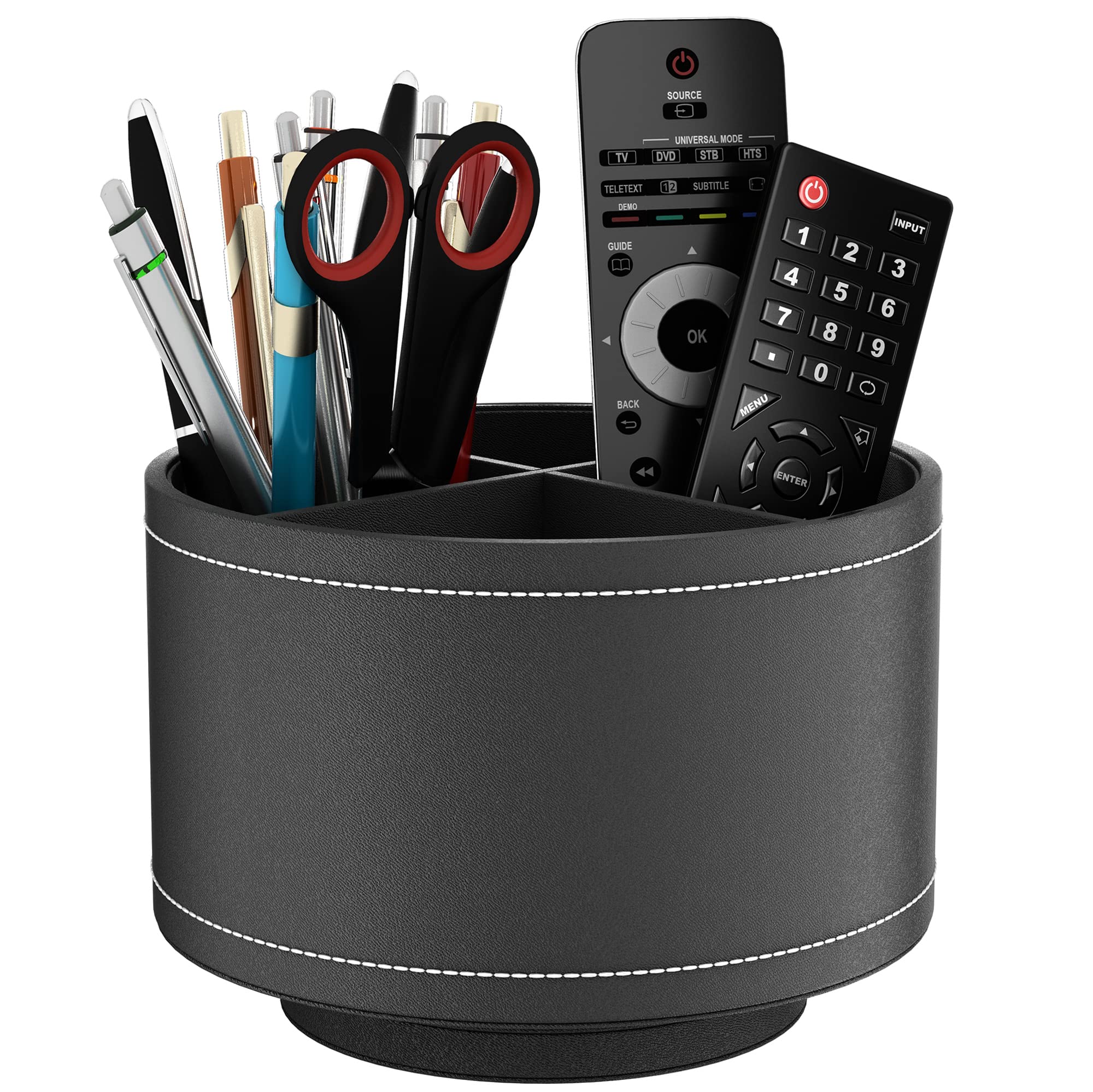 Thipoten Remote Control Holder, Faux Leather 360° Art Supply Organizer, Multi-Functional Caddy for Remote Controllers, Office Supplies, Perfect Space Saver for End Table/Nightstand/Office Desk(Black)