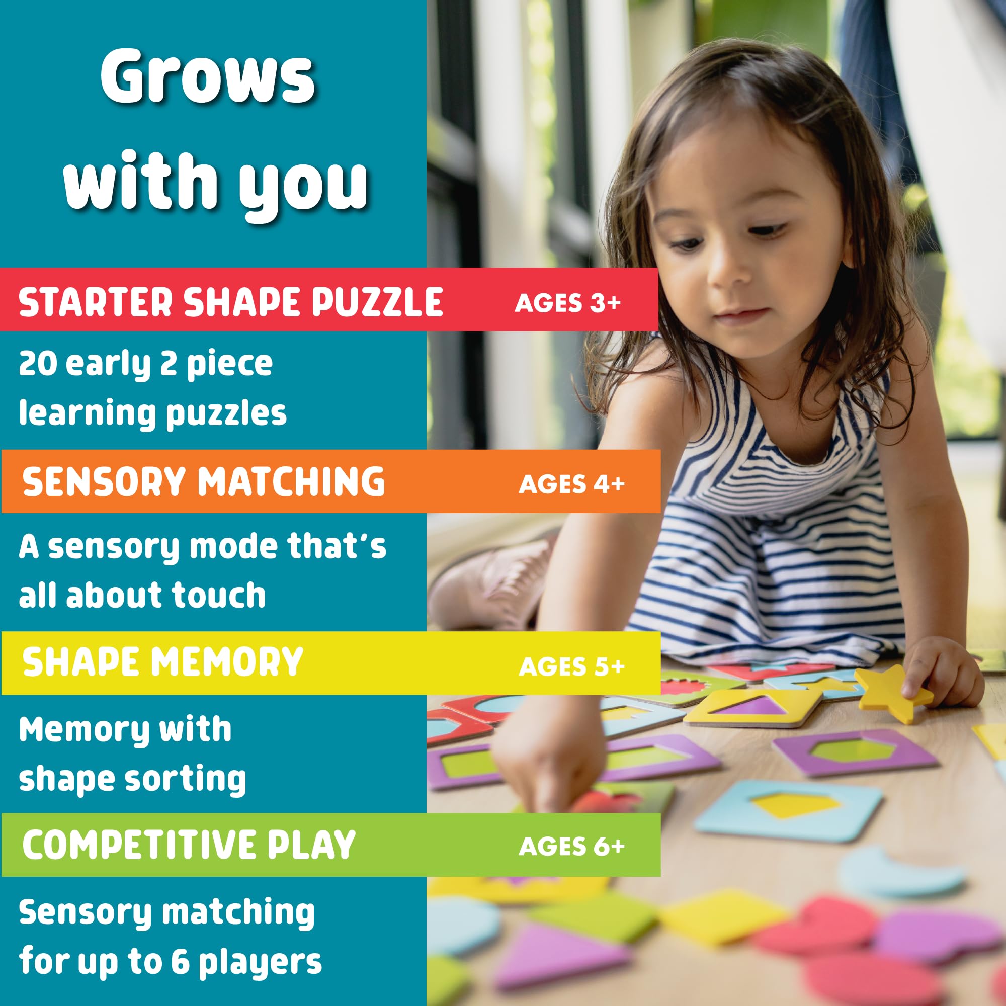 Chuckle & Roar Matching+ Wooden Sensory Shapes Memory Game for Kids Ages 3–6+ – Premium Wood Logic Puzzle & Shape Matching Game with Multiple Play Modes