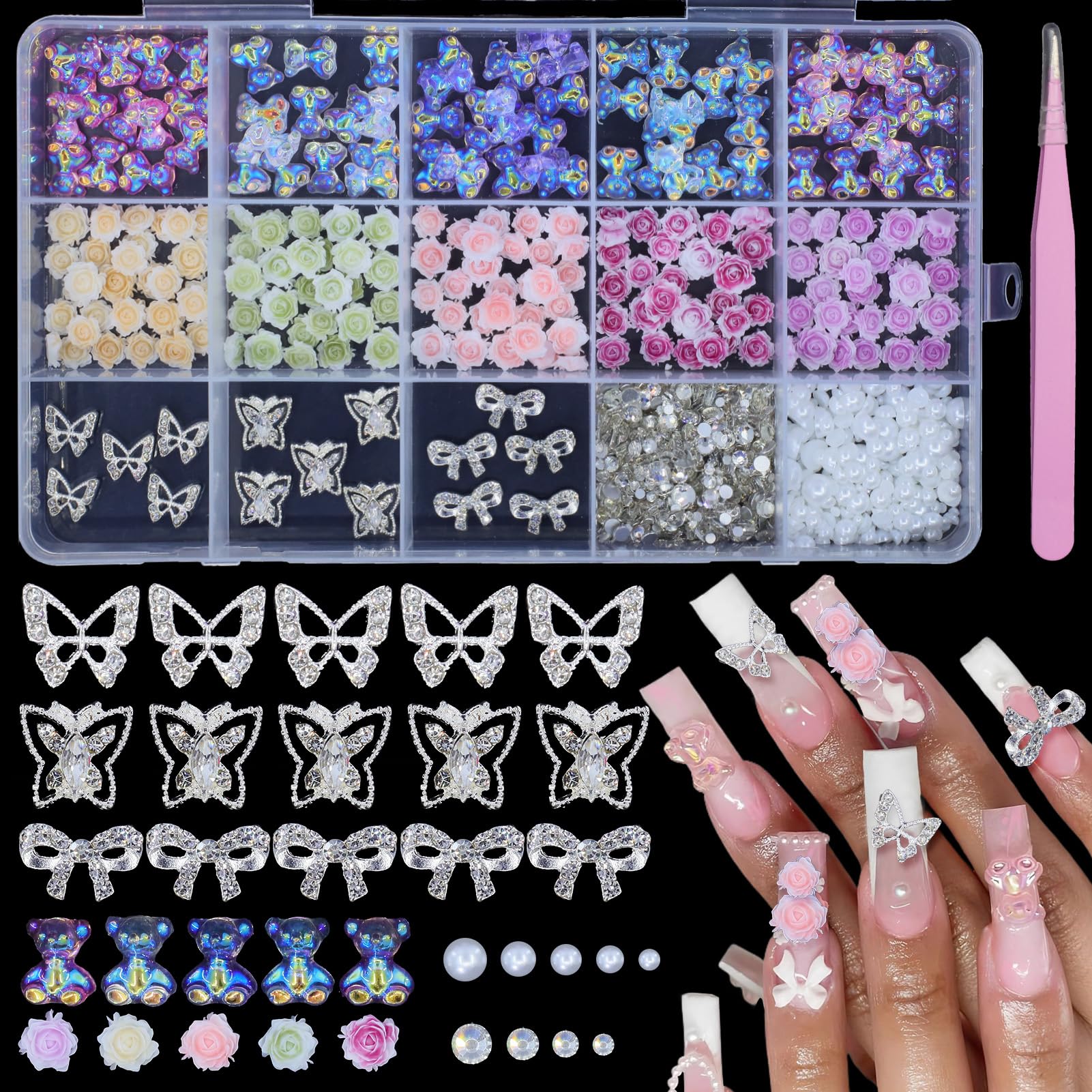 Assorted 3D Nail Charms Gems, Alloy Butterfly Bows Nail Gems+Color Mixed Camellia Rose Flower Nail Charms, Gummy Bear Candy Nail Charms Mix Size AB Rhinestones Nail Gems Pearls for Nail Art DIY