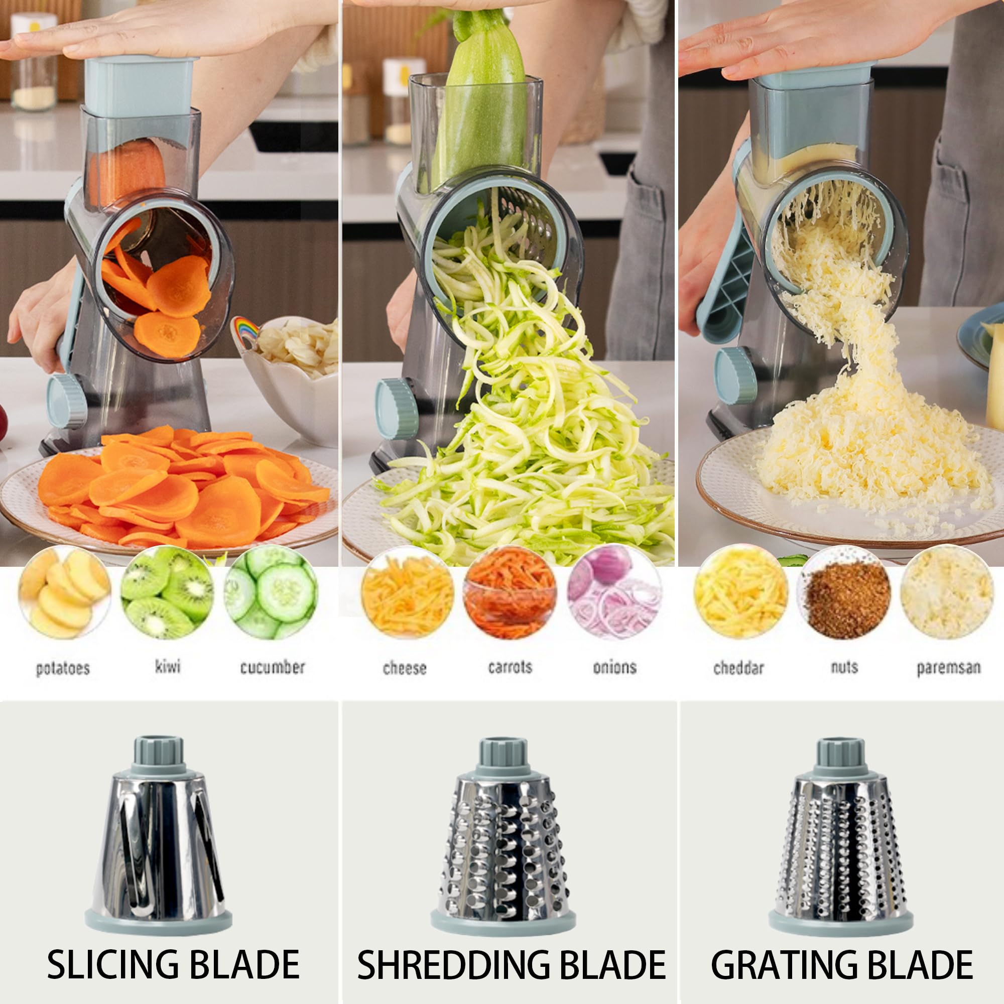 EDEFISY Cheese Grater Hand Crank Rotary Vegetables Shredder with Handle, 3-in-1 Graters with Interchangeable Blades and Strong Suction Base Multifunctional Slicer for Kitchen