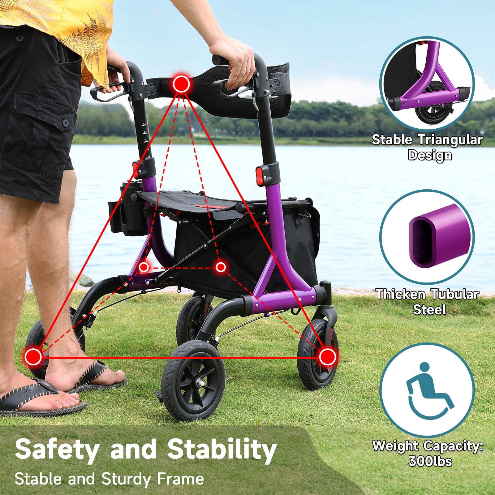 MAXWALK Walkers for Seniors, Rollator Walker with Seat, 8" Rubber Wheels All Terrain Rollator Walker with Backrest, Aluminum Walkers Built-in Cable, Foldable and Adjustable Height for Seniors, Purple