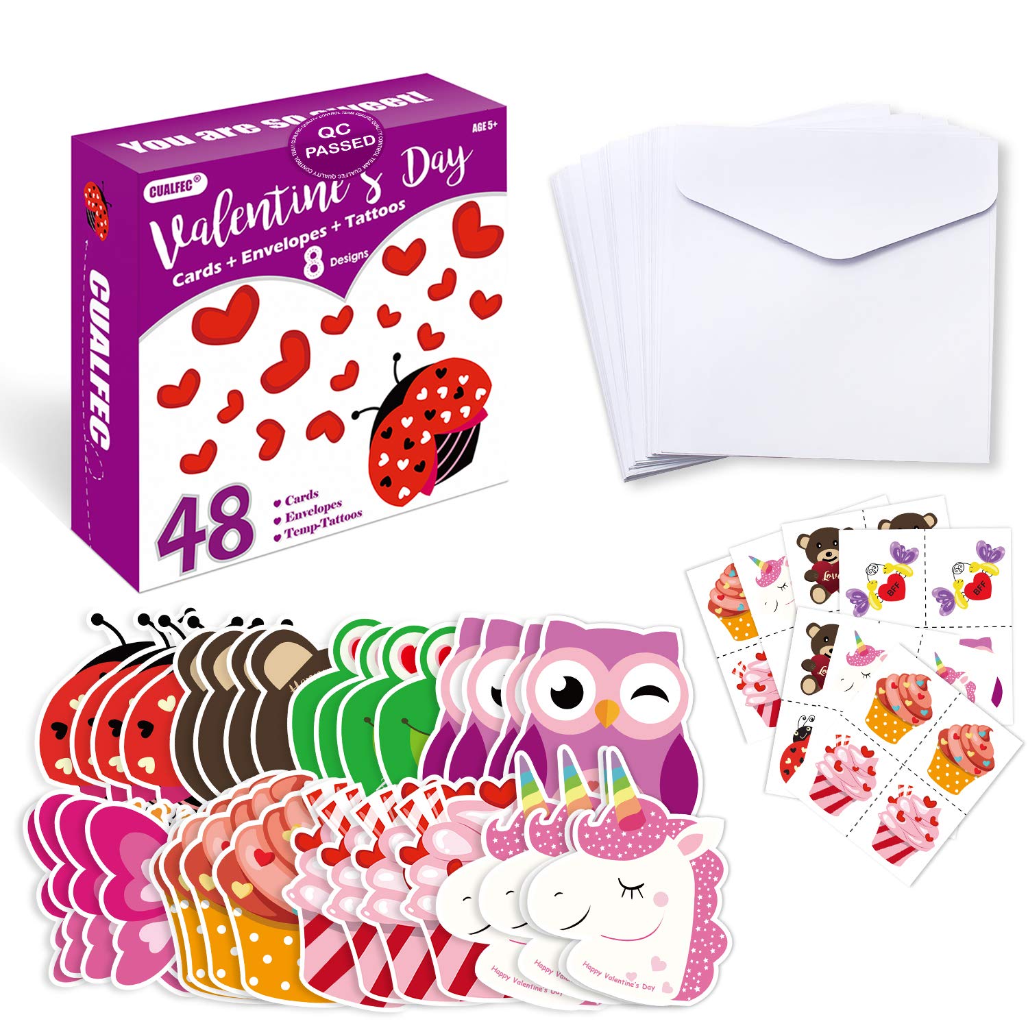 CUALFEC Valentine's Day Cards for Kids Valentines Cards Set with Temporary Tattoos and Envelopes Perfect Choice for Classroom Gift 8 Different Cute & Adorable Designs - 48 Pack
