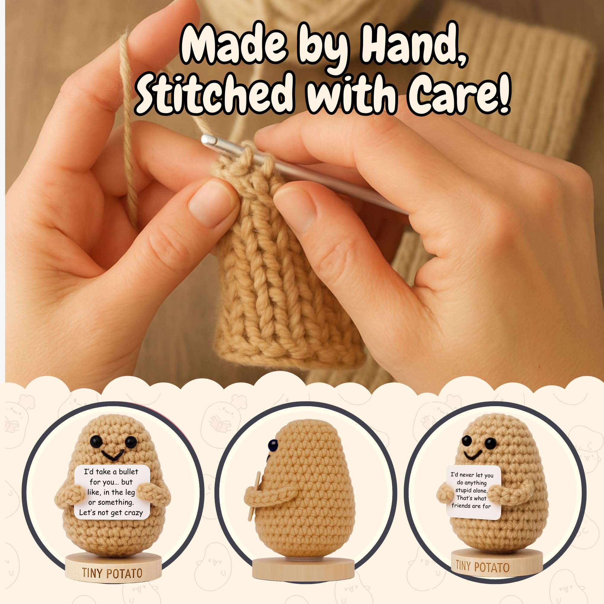 Funny Friendship Gift - Tiny Potato with 30 Sassy Messages for Women Friends Bestie BFF Coworkers - Best Friend Birthday Gifts for Women Sister | Positive Crochet Unique Present Idea for Mothers Day