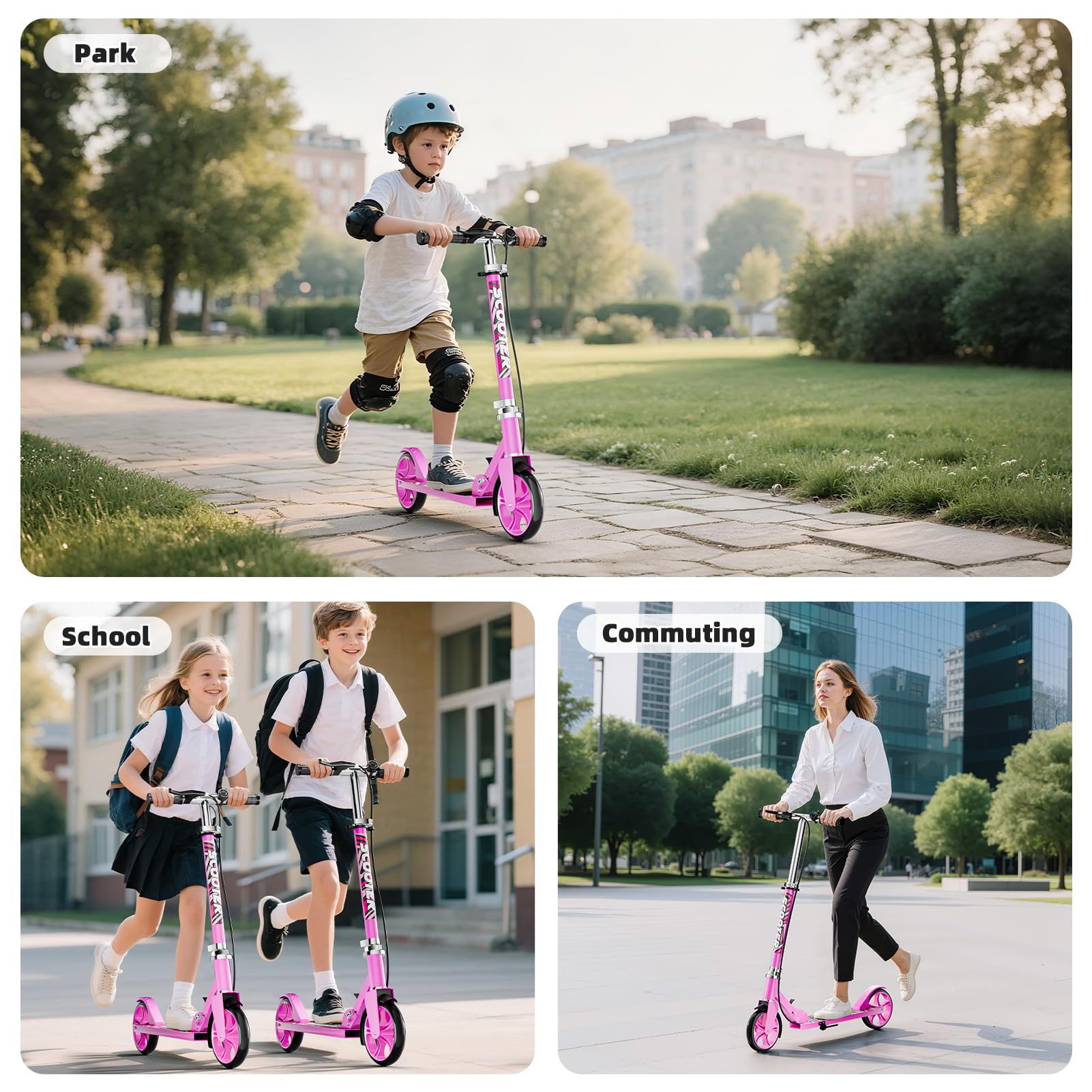 Scooters for Kids 8-12, Teens & Adults - Lightweight, Foldable, 8-Inch Big Wheels, Hand Brake & Bell, 4 Adjustable Height Levels, 240 lbs Max Load, Perfect for School, Campus and Park Rides, Pink