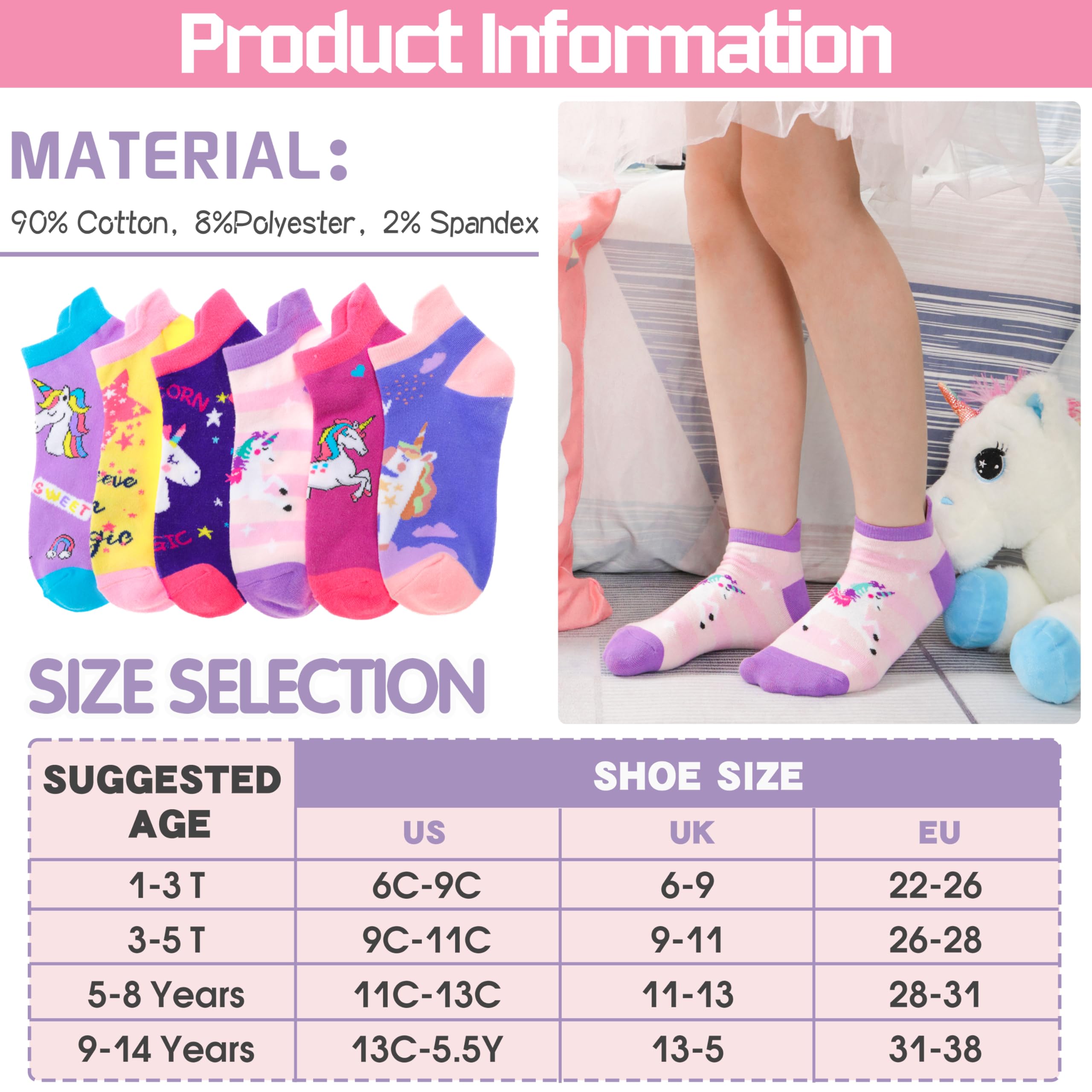 ANTSANG Kids Girls Toddler Unicorn Socks Ankle Low Cut No Show Cute Silly Novelty Fashion Cartoon Gifts Stocking Stuffers Socks 6 Pairs (Unicorn,5-8 Y)