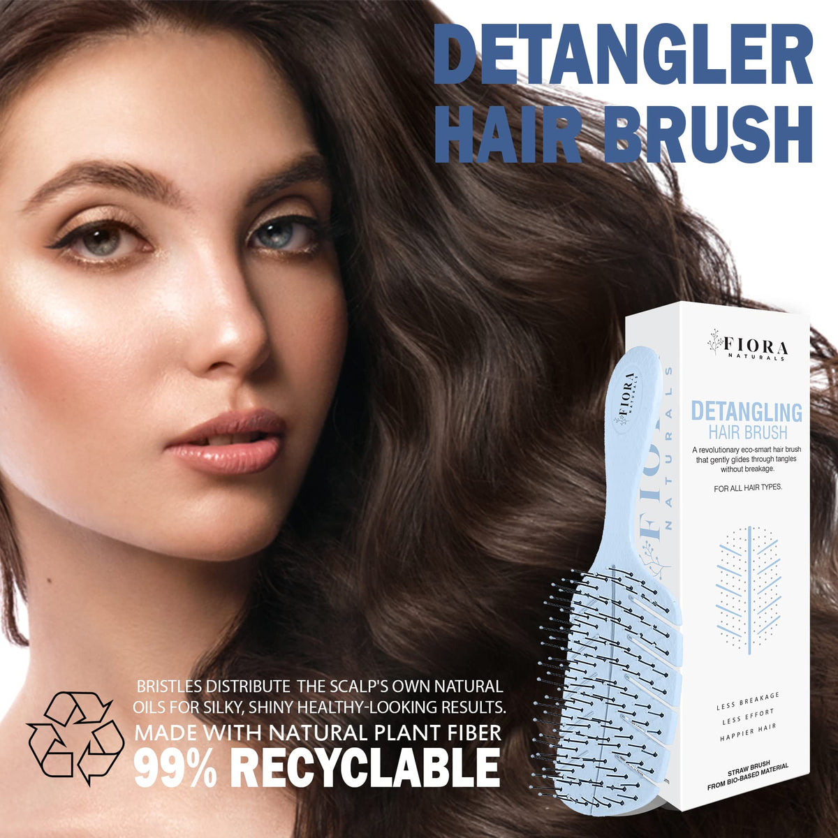 Detangler Brush by Fiora Naturals - 100% Bio-Friendly Detangling brush w/Ultra-Soft Bristles - Glide Through Tangles with Ease - For Curly, Straight, Black Natural, Women, Men, Kids - Dry and Wet Hair