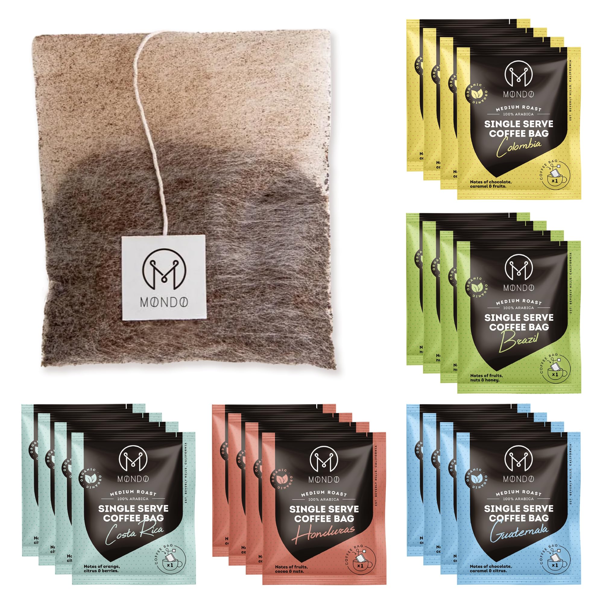 Mondo Single Serve Coffee Bags (20 Cups) Variety Pack - Organic, Medium Roast - Disposable, Portable Coffee Filters for Camping and Travel, Sampler Box of 5 Ground Coffee Flavors