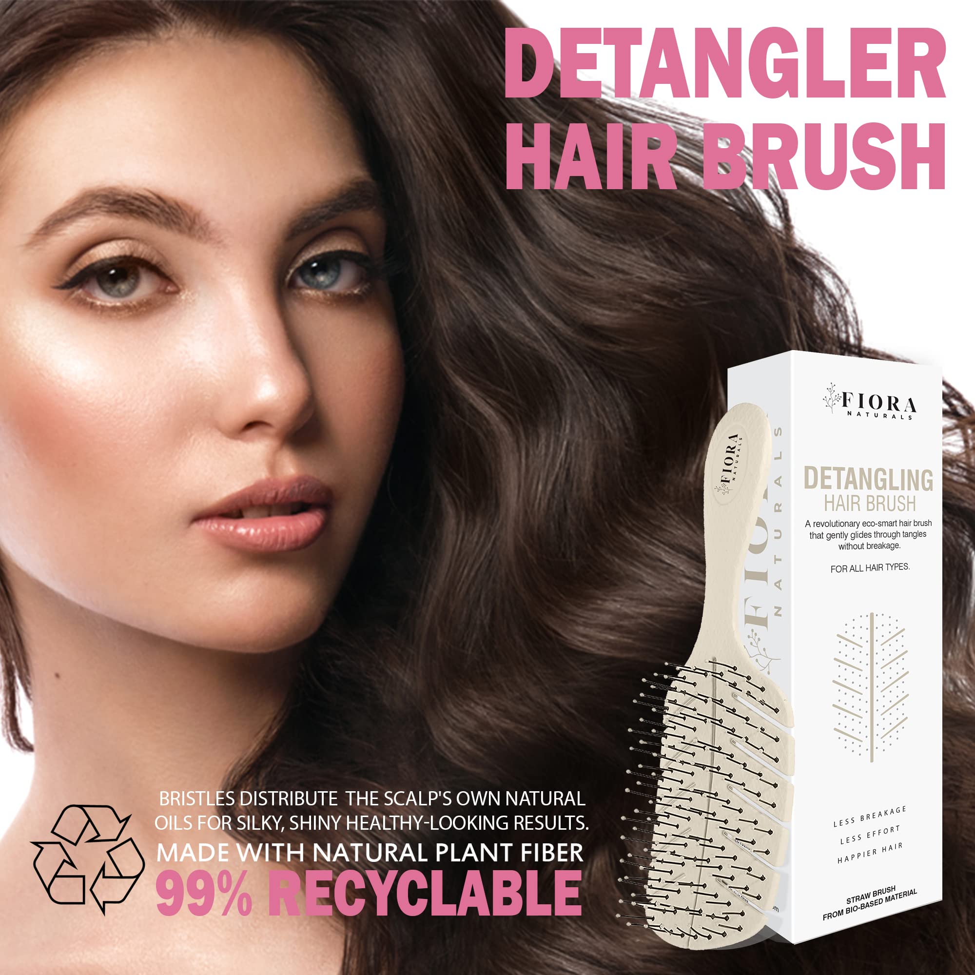 Detangler Brush by Fiora Naturals - 100% Bio-Friendly Detangling brush w/Ultra-Soft Bristles - Glide Through Tangles with Ease - For Curly, Straight, Black Natural, Women, Men, Kids - Dry and Wet Hair