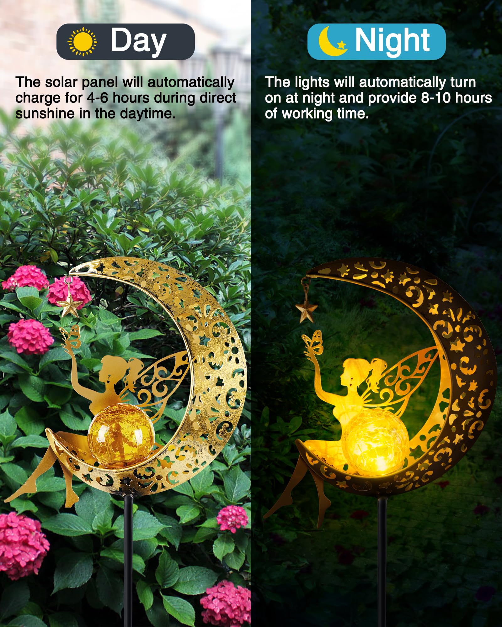 Vuees Solar Garden Statues Outdoor Decor, Fairy Moon Figurine Light Stake, Housewarming Ornament for Patio, Lawn, Yard, Pathway - Unique Gift Ideas for Gardening Mom Grandma