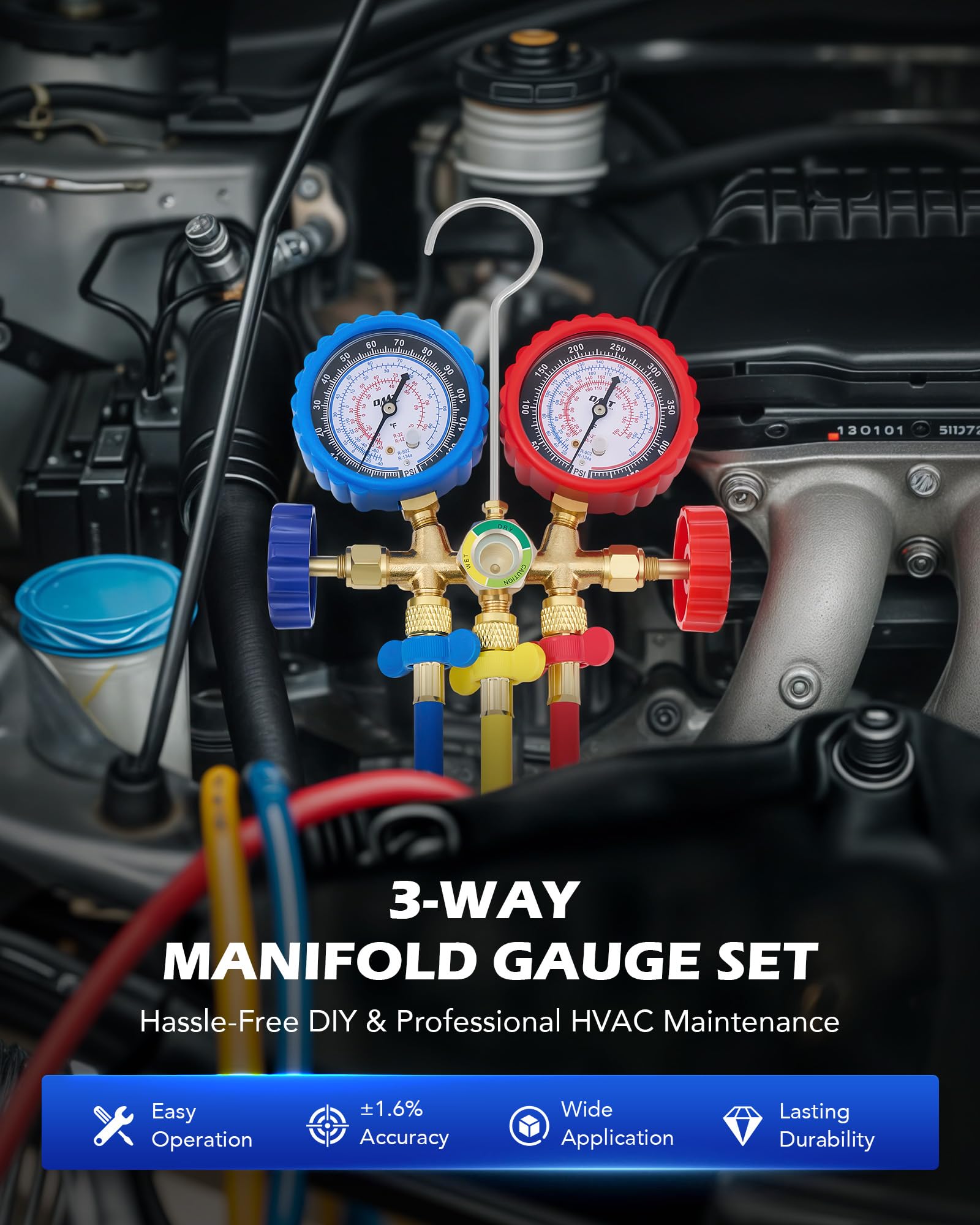 Orion Motor Tech AC Gauges, AC Manifold Gauge Set for R134a R12 R502 Refrigerant, 3 Way Car with 5FT Hoses Couplers & Adapter, Puncturing & Self Sealing Can Tap Freon Charge Kit