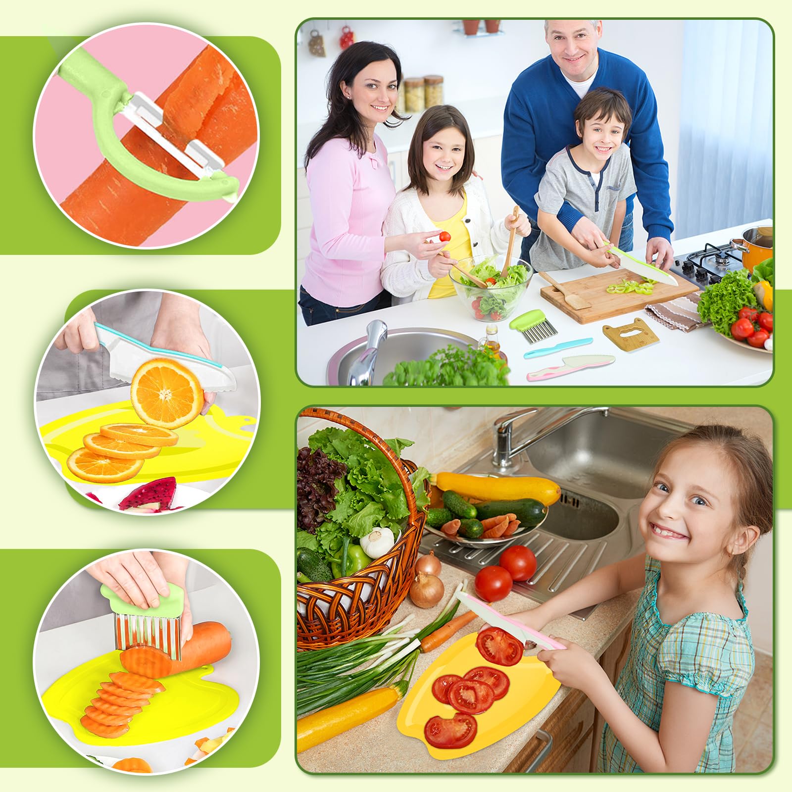 TinyHalo 11 Pcs Wooden Kids Kitchen Knife, Kids Knife Set with Cutting Board Fruit Vegetable Crinkle Cutters Serrated Edges Plastic Toddler Knifes for Real Cooking Kid Safe Knives…