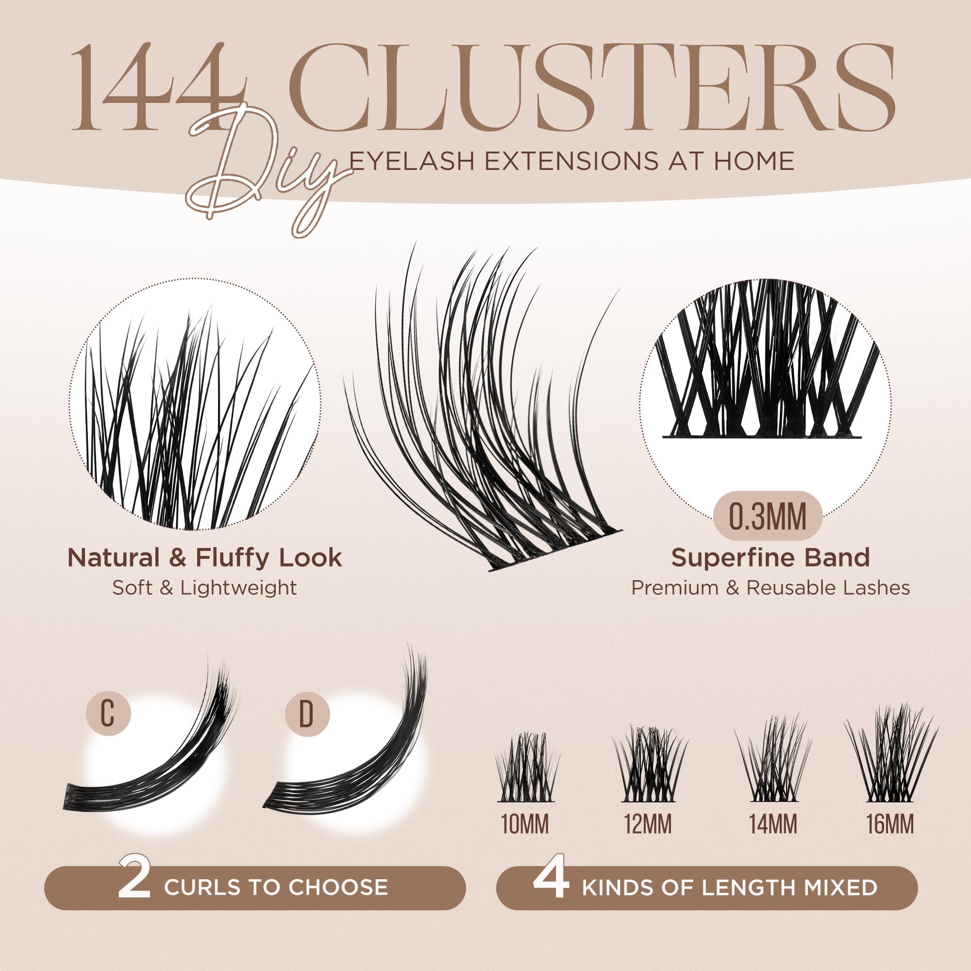 LASHVIEW DIY Lash Extension Kit, Lash Clusters with Lash Bond and Seal, Mascara Brush Cluster Lash Glue Remover, Lash Applicator and Travel Eyelash Curler for DIY Eyelashes Extensions(Style-Natural-D)