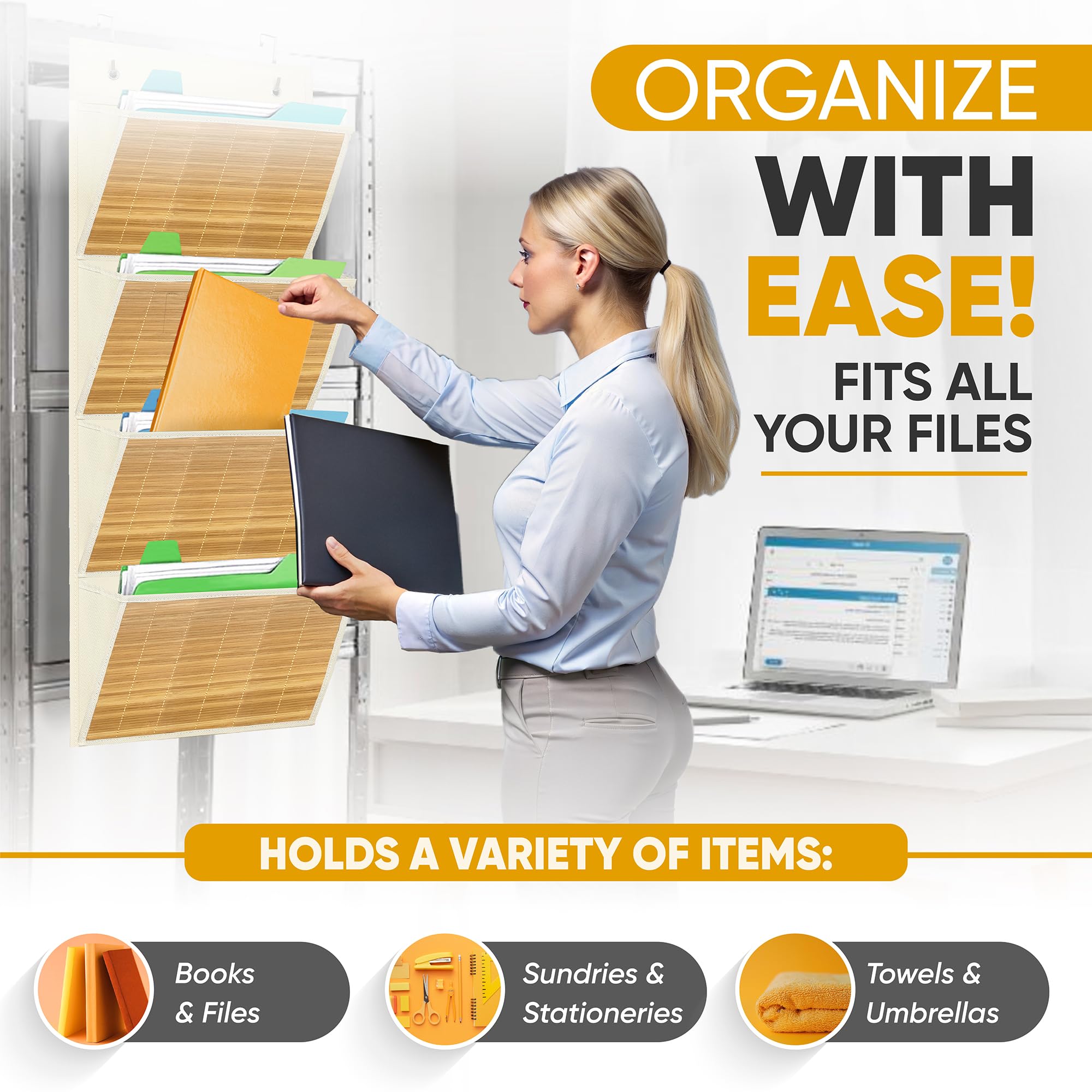 Luxury Over the Door File Organizer with Bamboo Cover – 4 Spacious Pockets for Hanging File Organizer, Premium Hanging Wall File Organizer Folder with Hooks, Ideal for Home Office, Classroom