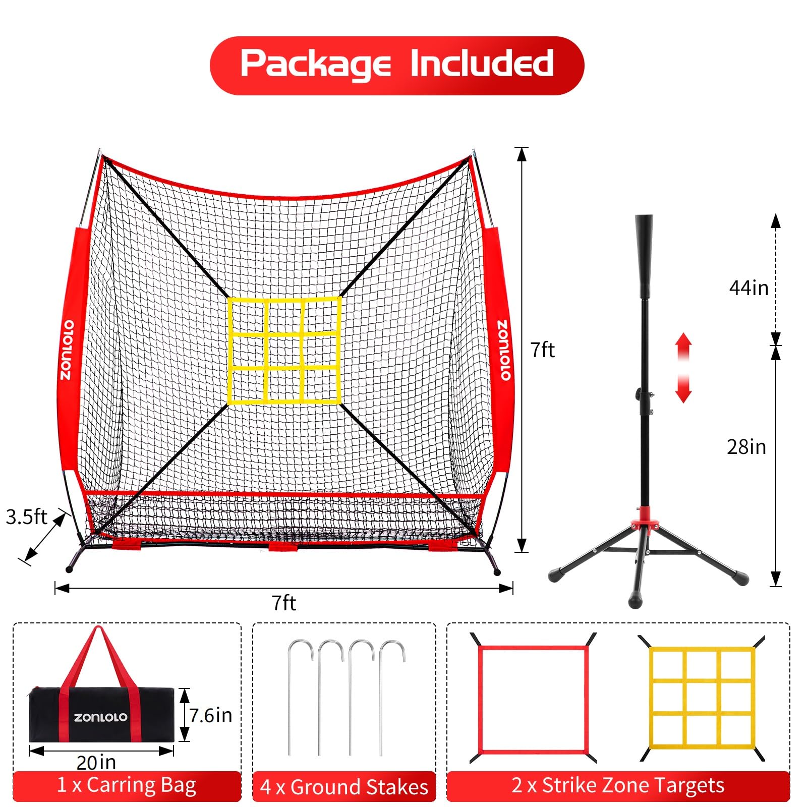 ZONLOLO 7×7FT Baseball Net with Tee,2 Strike Zones, Simple but Sturdy Construction with Non-Slip Rubber Bow Legs, Easy Set Up and Take Down, Great for All Levels' Pitching,Hitting,Fielding Practice.