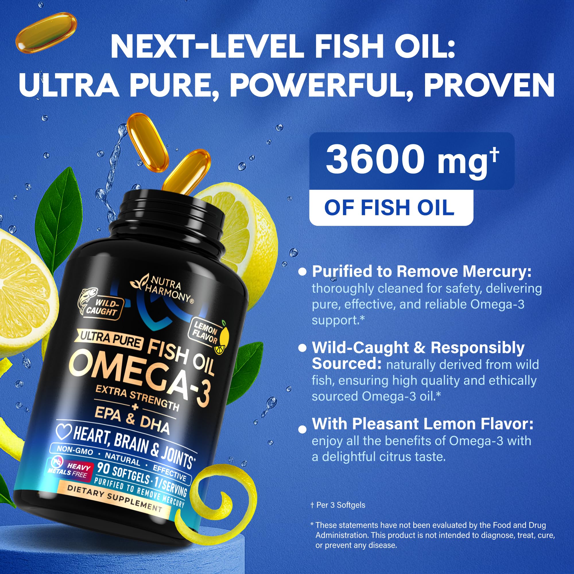 Omega 3 Fish Oil 3600 mg - Omega 3 Supplement | EPA & DHA - Heavy Metals Free - Heart, Brain & Joint Support - Purified Fish Oil for Men & Women - Lemon Flavored - Made in USA, 90 Softgels