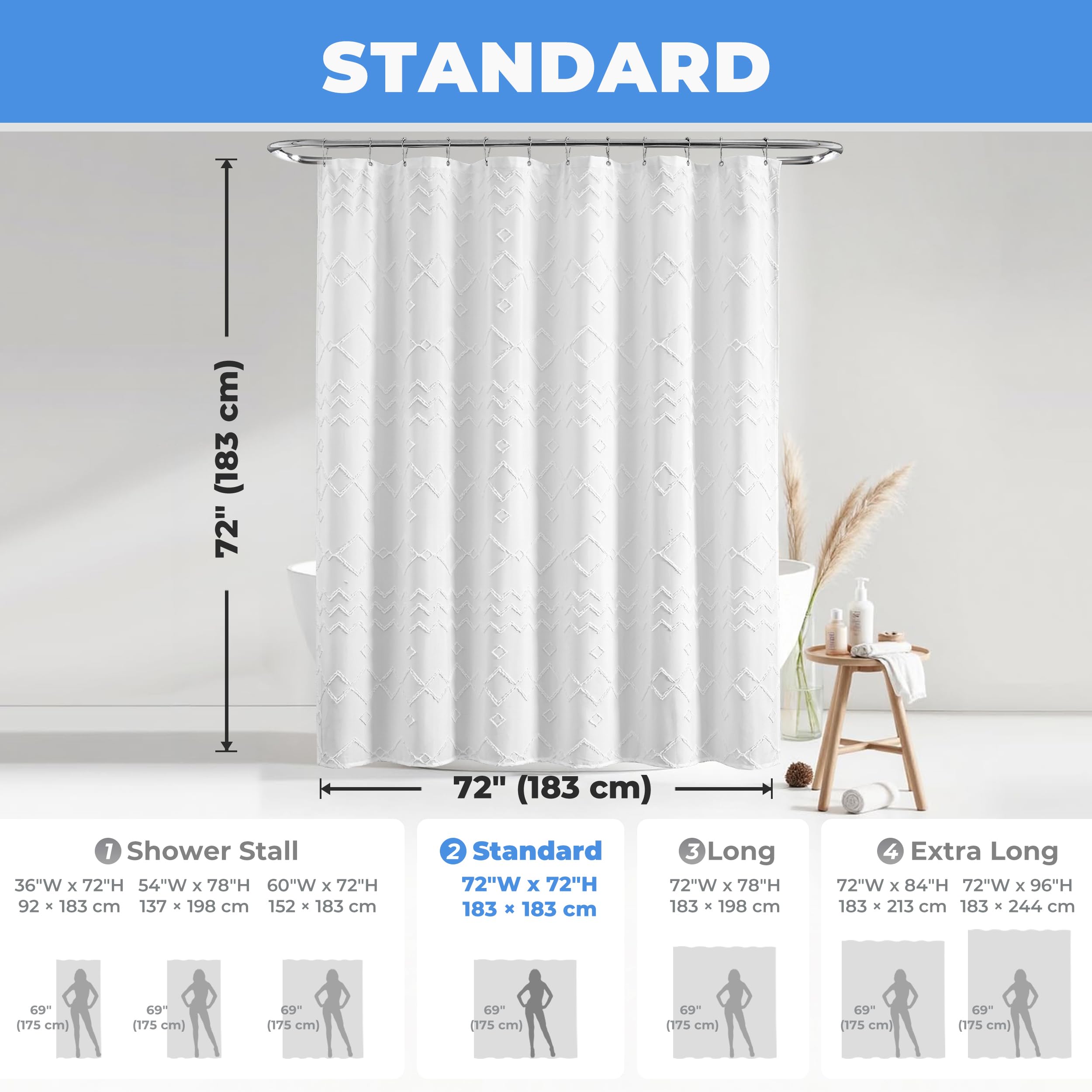 Seasonwood White Shower Curtain, Boho Woven Tufted Geometric Fabric Shower Curtain for Bathroom Modern Shabby Chic Textured Waterproof Farmhouse Cloth Shower Curtains, 72 x 72 Inches