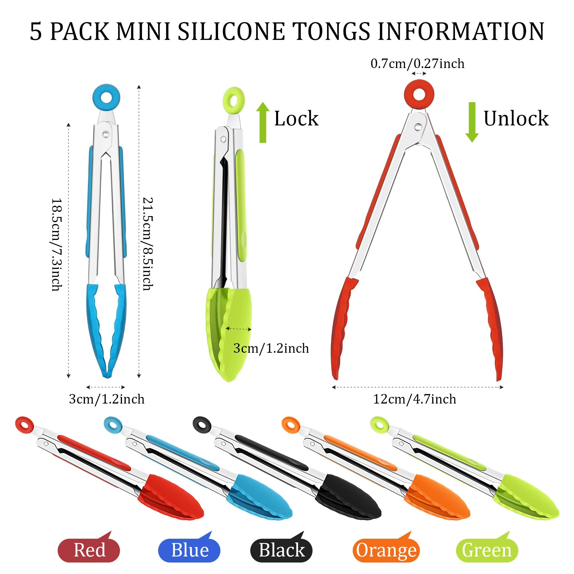 Mudder 5 Pcs Mini Silicone Tongs 7 Inch Small Serving Kitchen Tongs with Silicone Tips Christmas Party Supplies for Salad, Grilling, Frying and Cooking(Multi)