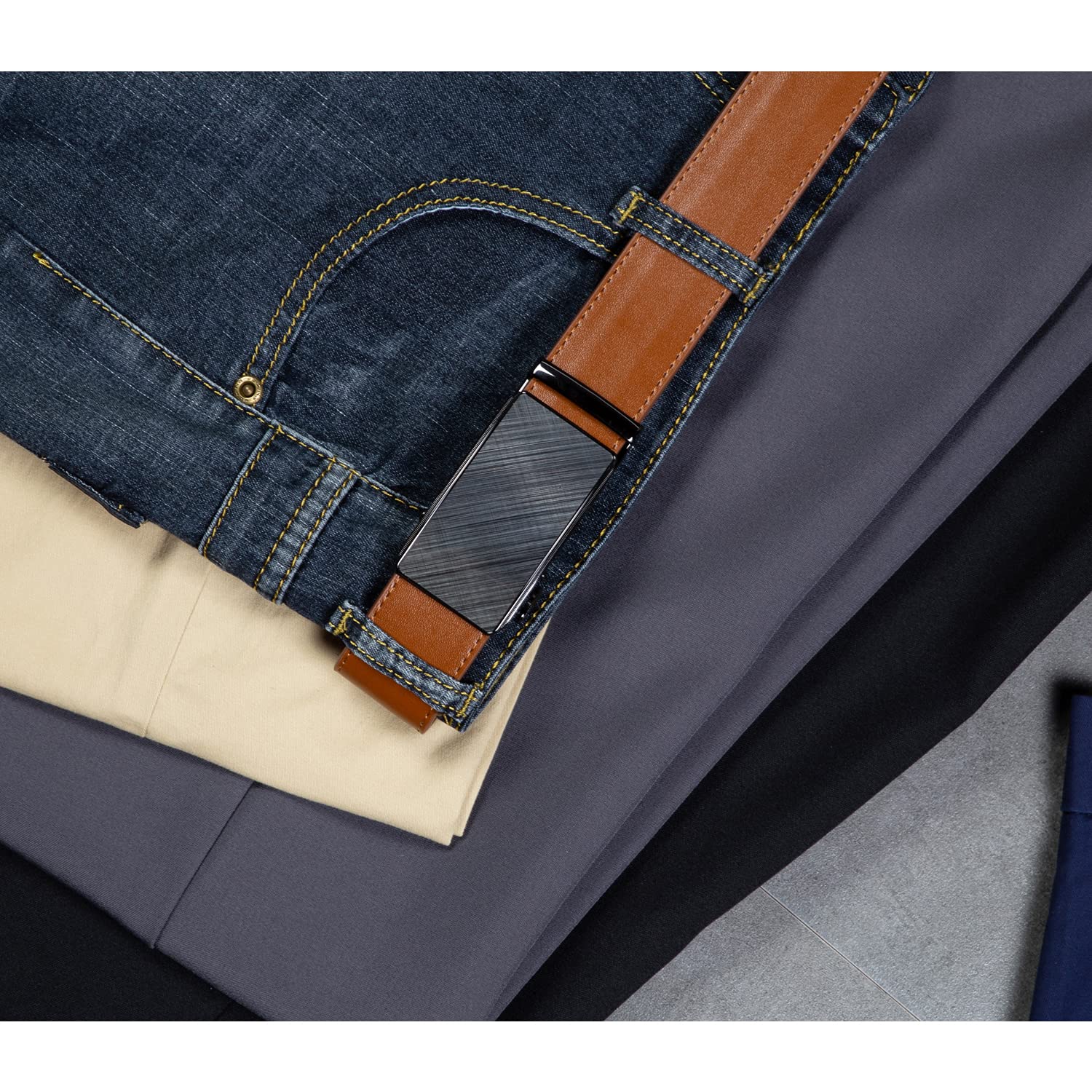 Founders & C Men's Ratchet Belt 1 3/8",Leather Dress Belt Adjustable with Click Sliding Buckle Trim to Exact Fit (28"-42" Waist Adjustable, Genuine Leather Tan Belt)