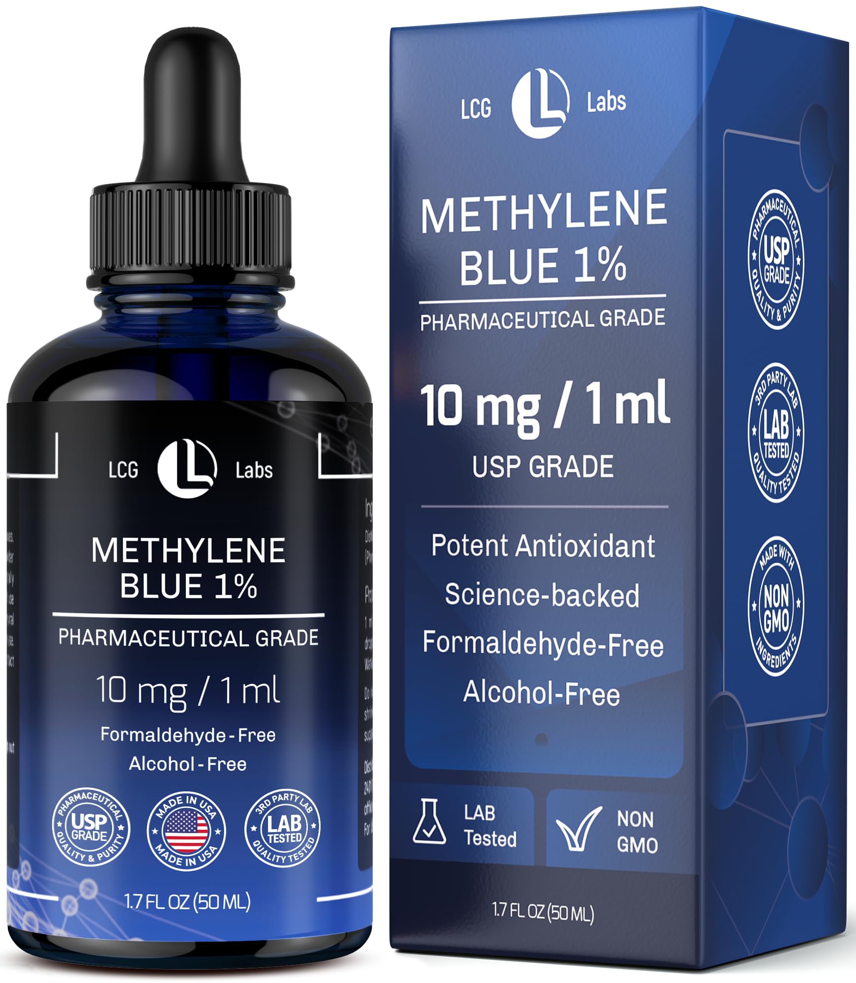 LCG LABS Methylene Blue Pharmaceutical Grade - Methylene Blue 1% - Liquid Drops Aqueous Solution 10 mg / 1 ml - Third Party Tested - Formaldehyde & Alcohol-Free - Made in USA 1.7 Fl OZ