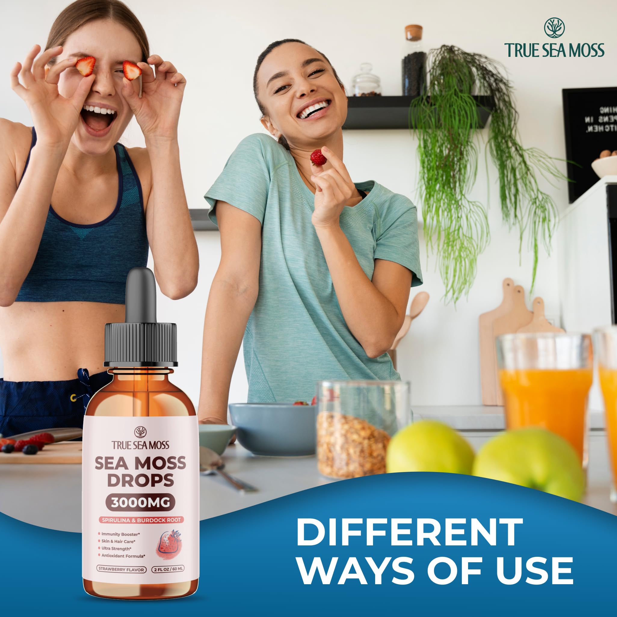 TrueSeaMoss Irish Sea Moss Drops - 5X Stronger Than Sea Moss Gel - 92+ Essentials Minerals - with Spirulina Powder, Burdock Root & Black Cumin - 2 Fl Oz (60ml) - Strawberry Flavor