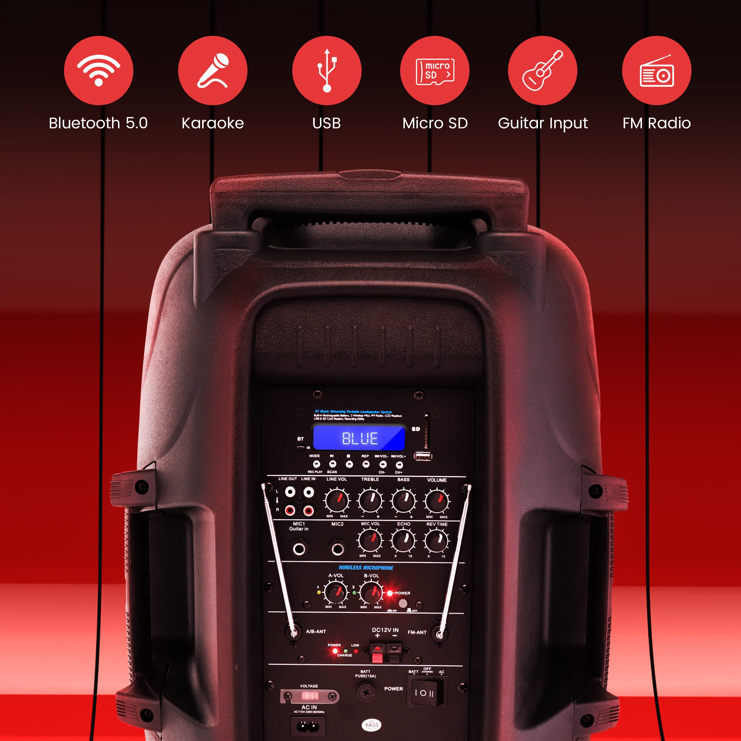 Pyle 1600 Watt, 15" Bluetooth PA Speaker-Indoor/Outdoor Portable Sound System with (2) UHF Wireless Microphones Rechargeable Battery, Audio Recording, USB/SD Readers, FM Radio (PPHP1535WMU),Black