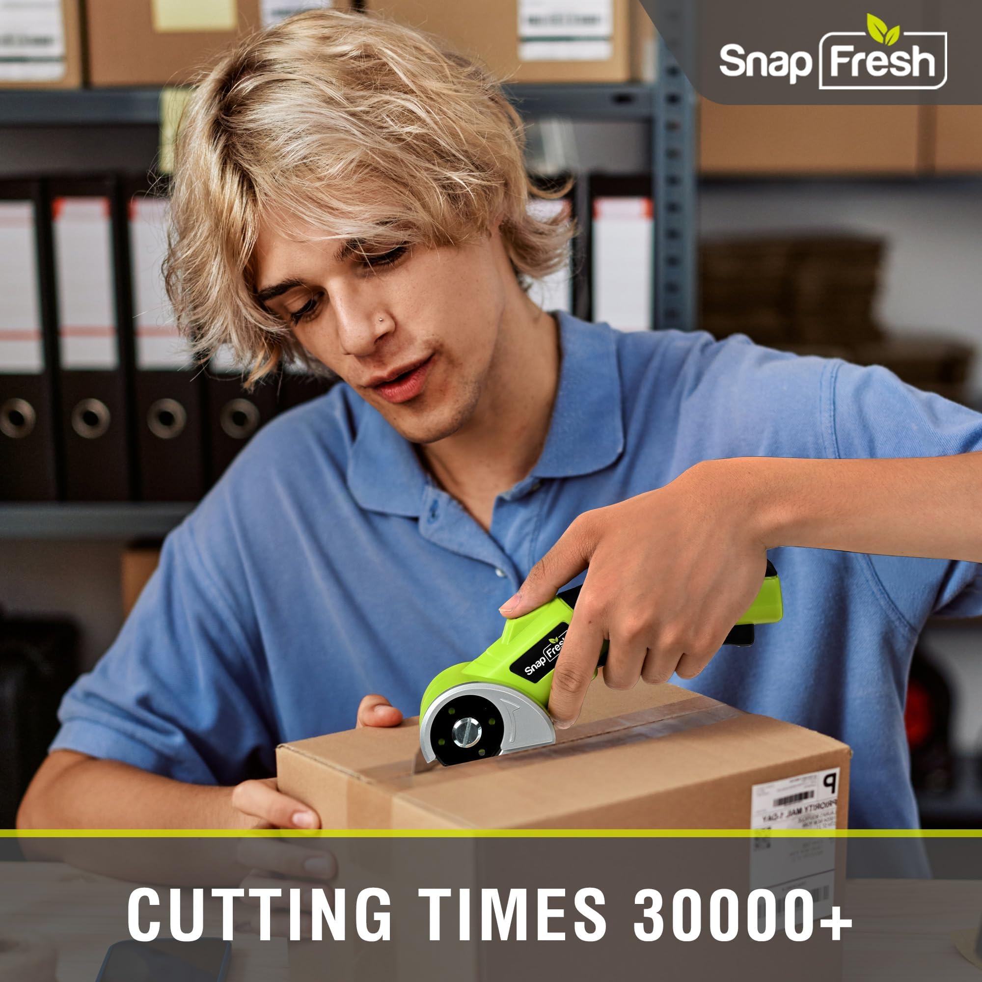 SnapFresh 4V Cordless Electric Scissors-Rechargeable Rotary Box Cutter w/ 2.0Ah Battery, 2 Self-Sharpening Blades, LED Light & Safety Lock,Carpet Cutter Tool for Cardboard, Fabric, Leather, Plastic