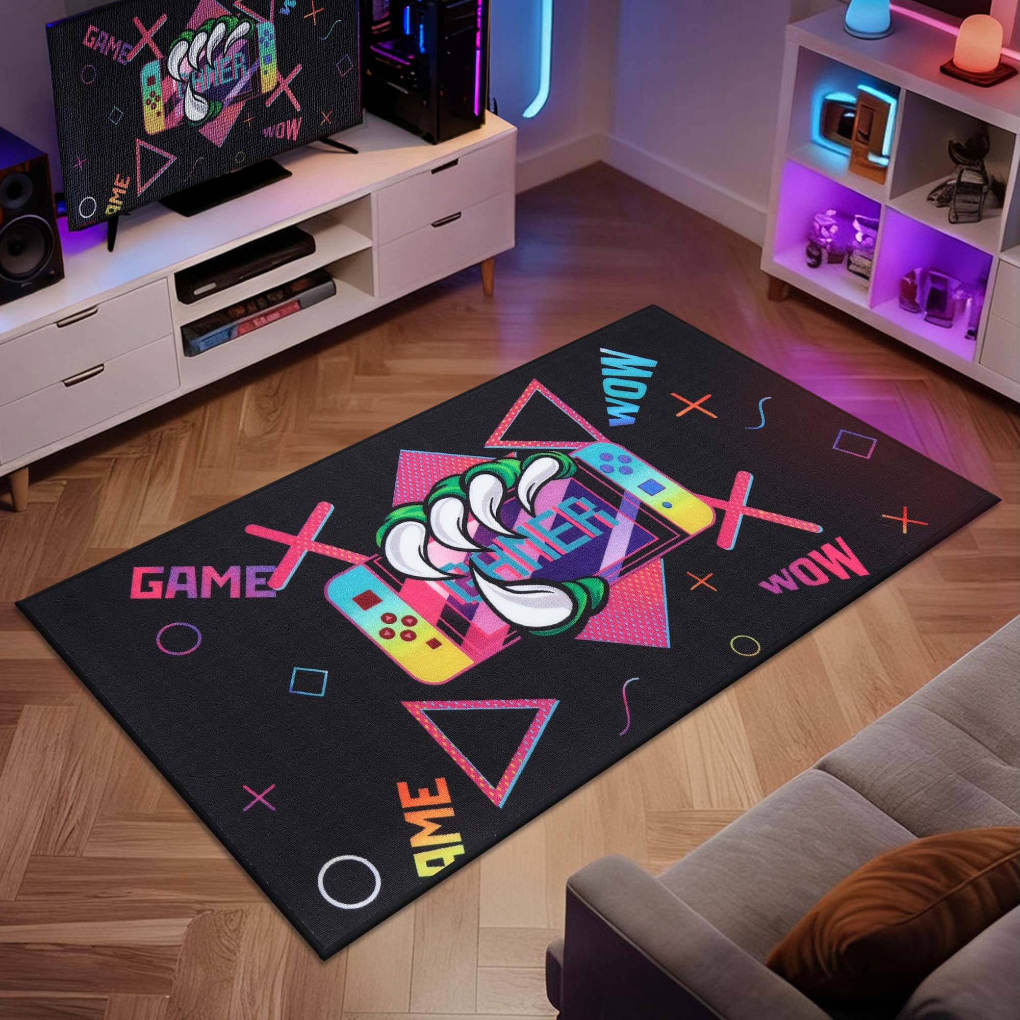 JSEI Gaming Rug for Kids Teens 32"x60" Machine Washable, Video Game Kids Rug with Paw and Controller Pattern, Non-Slip Gaming Floor Carpet Mat for Playroom, Living Room&Bedroom, Black