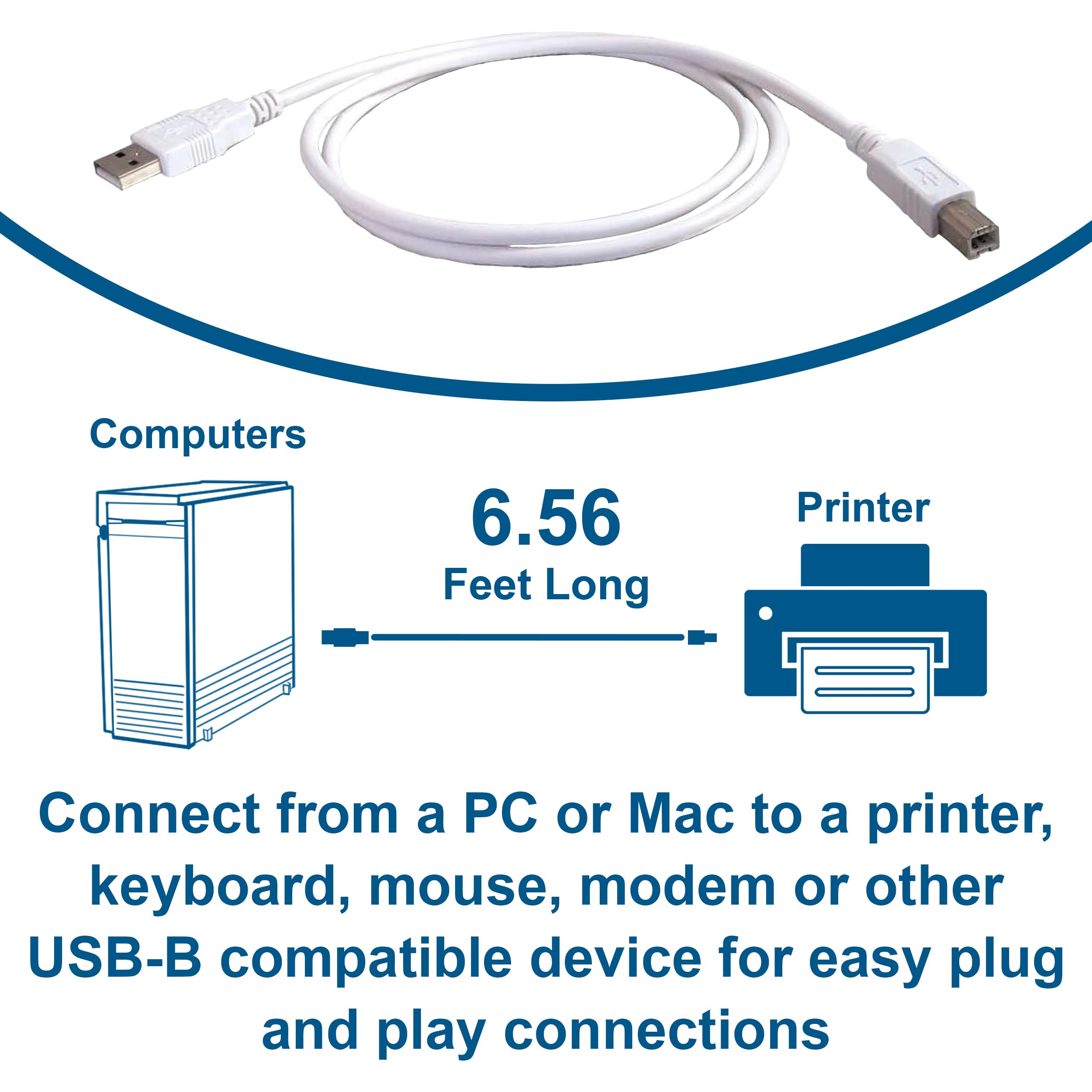 C2G USB Connection Cable, USB 2.0 A to B Cable, Plug and Play USB Hub with Long USB Extension Cable, 6.5 Foot USB Cable, White, C2G 13172