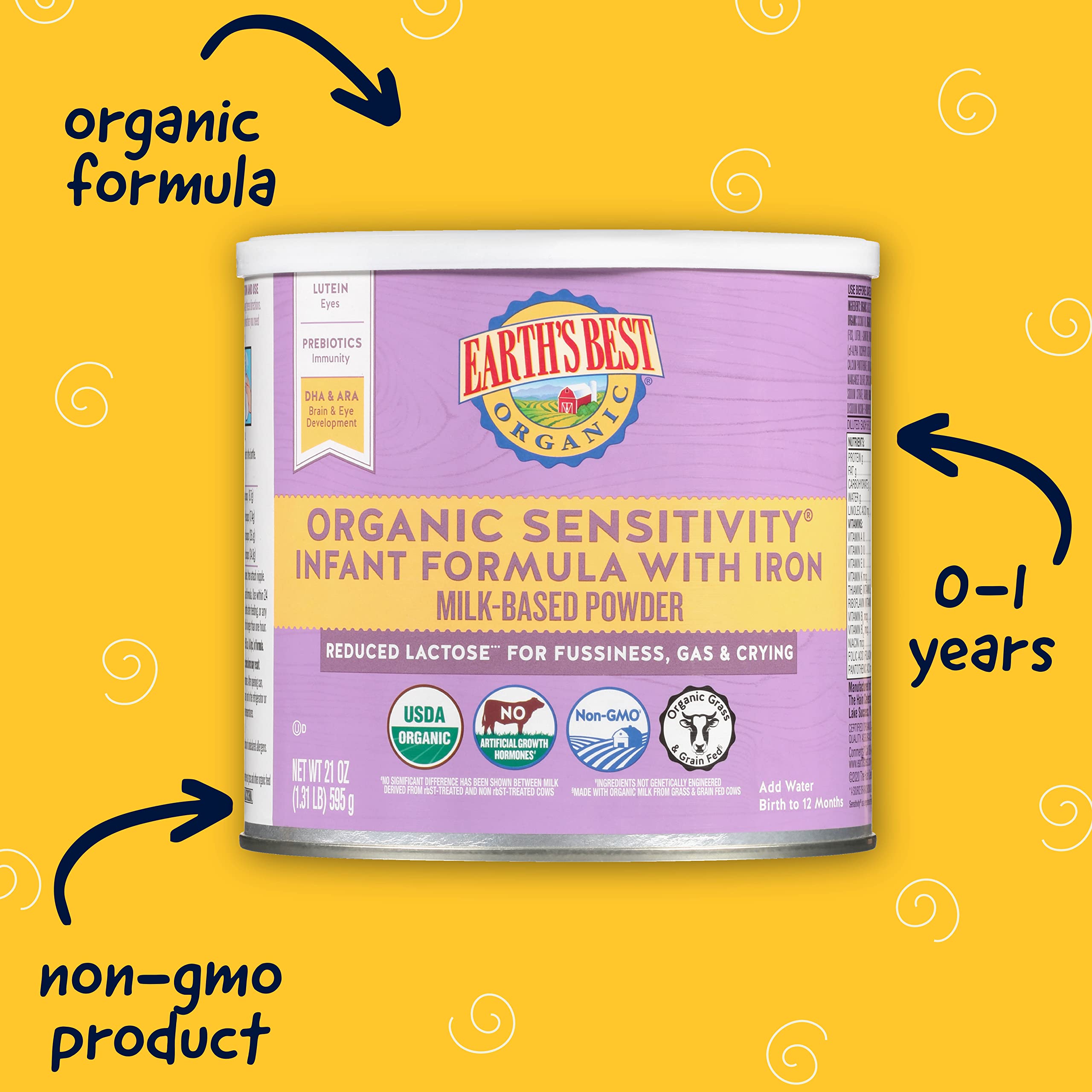 Earth's Best Organic Sensitive Baby Formula for Babies 0-12 Months, Reduced Lactose Powdered Infant Formula with Iron, Omega-3 DHA, and Omega-6 ARA, 21 oz Formula Container