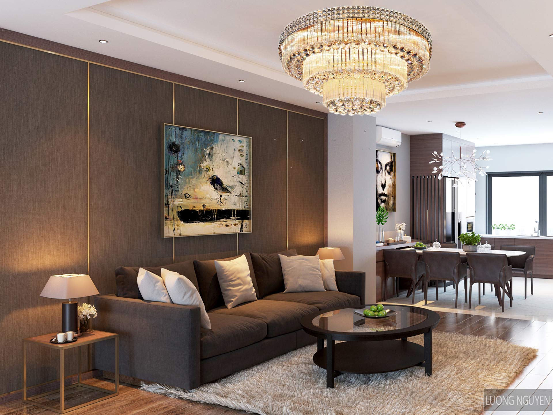 KALRI Modern K9 Crystal Chandelier Flush Mount LED Ceiling Light Fixture Pendant Lamp for Living Room Bar Shop (Dia 31.5'')