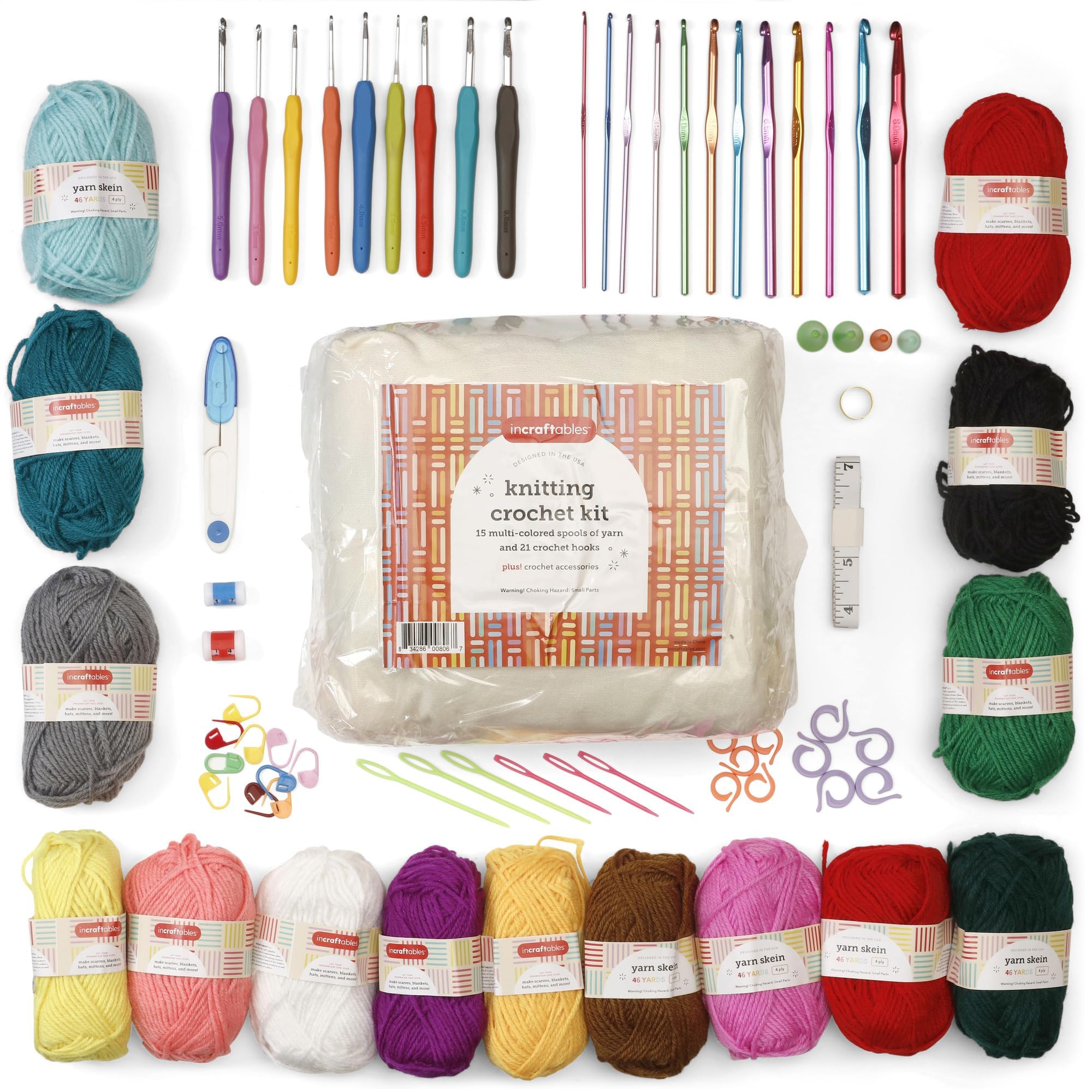 Incraftables Crochet Kit for Beginners & Pro. Crocheting Set with Crochet Hooks (21pcs), Yarns (15 Spools), Tape, Needles & Supplies for Amigurumi. Best Knitting Crochet Starter Kit for Adults & Kids