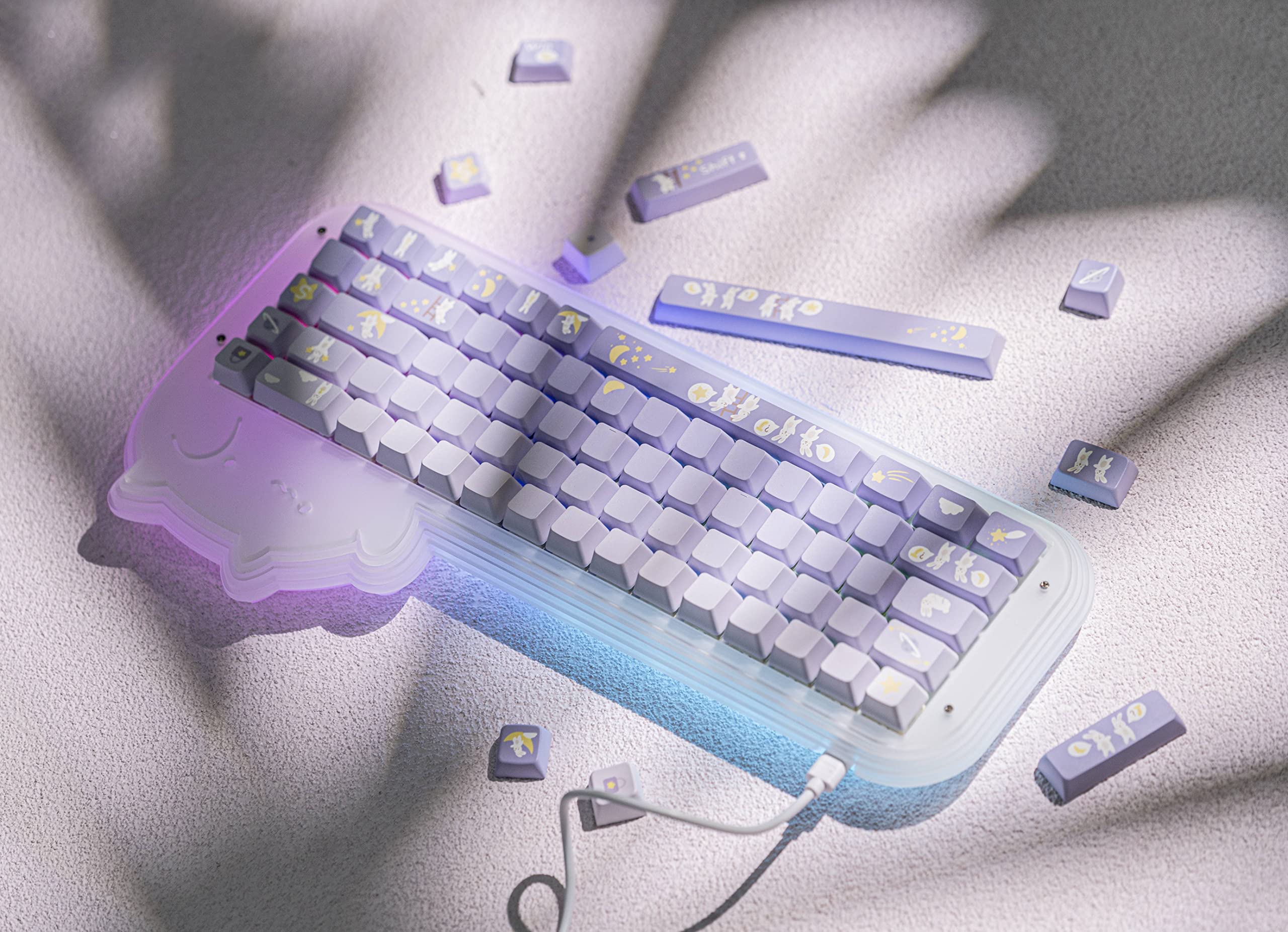EPOMAKER Moonlit Bunny 138 PBT Keycaps Set, Side-printed, Side-lit Shine Through Five-side Dye Sublimation OEM Profile Gradient Keys for Mechanical Gaming Keyboard
